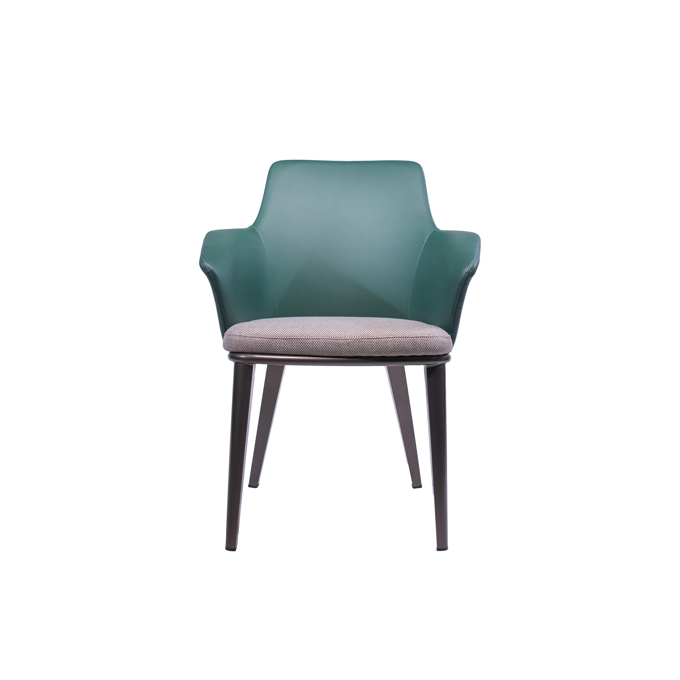 Green leather chair with a plush gray fabric seat and sleek black metal legs. The chair has a modern design with rounded armrests and a high back.