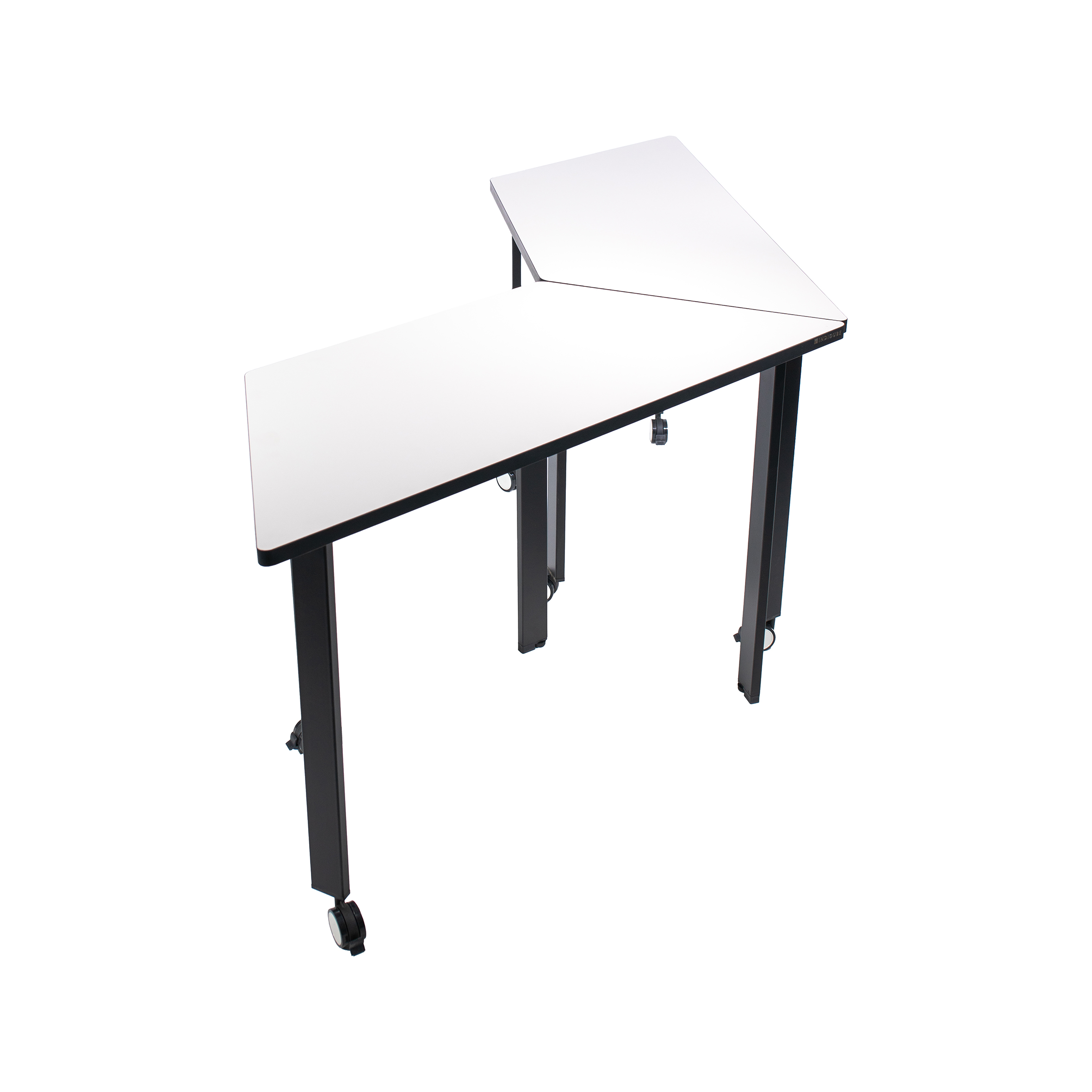 Minimalist trapezoidal table with a white top and four black legs. Two legs have wheels, suggesting mobility. Clean, modern design, suited for versatile use.