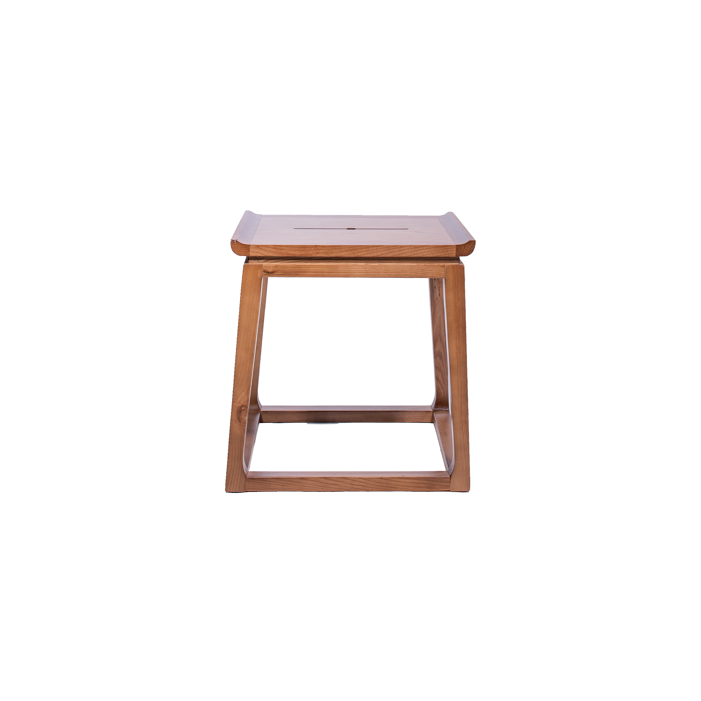 A wooden stool with a square seat and flared legs, featuring a minimalist design. The wood is natural with a smooth finish, conveying a modern, elegant tone.
