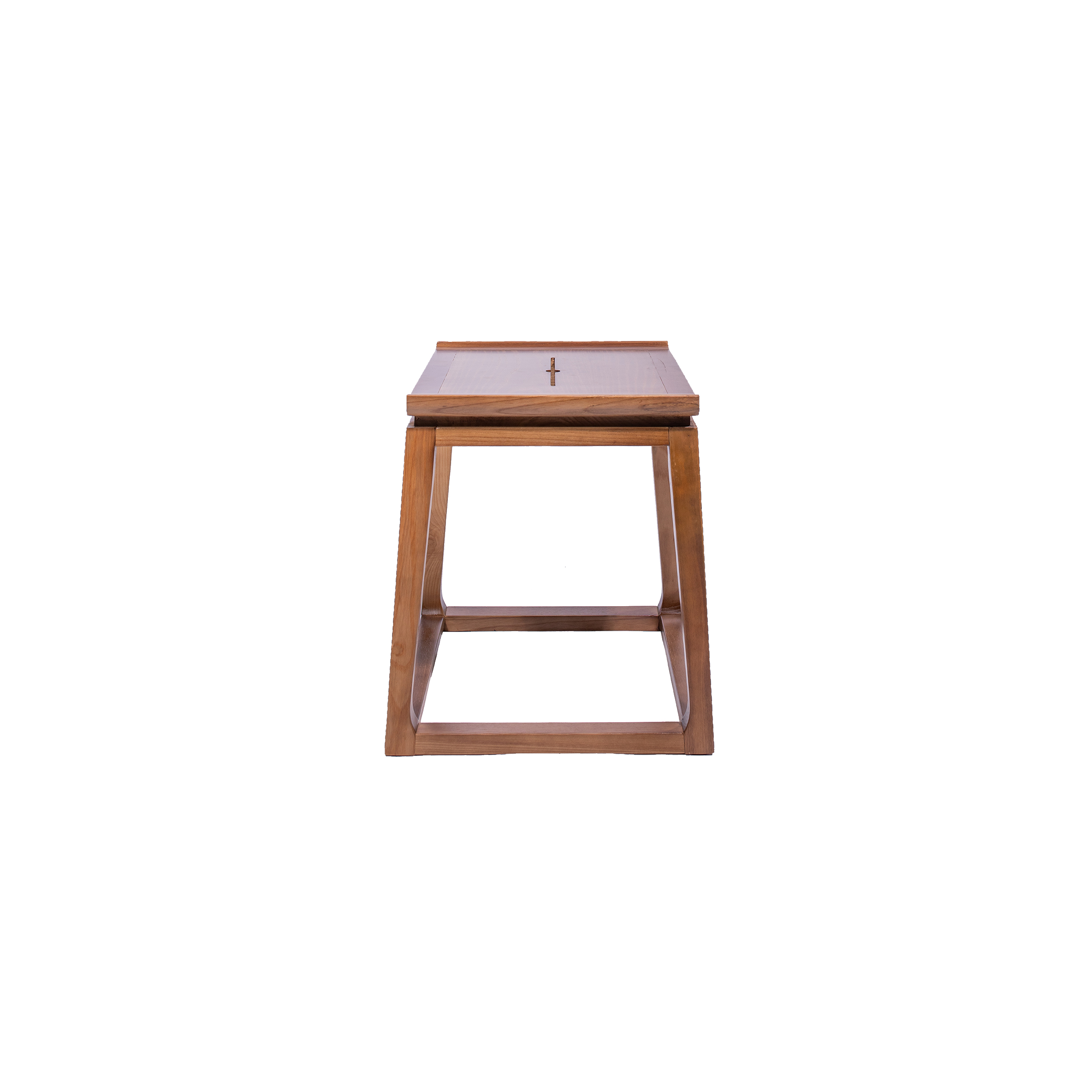 A wooden stool with a square seat and flared legs, featuring a minimalist design. The wood is natural with a smooth finish, conveying a modern, elegant tone.
