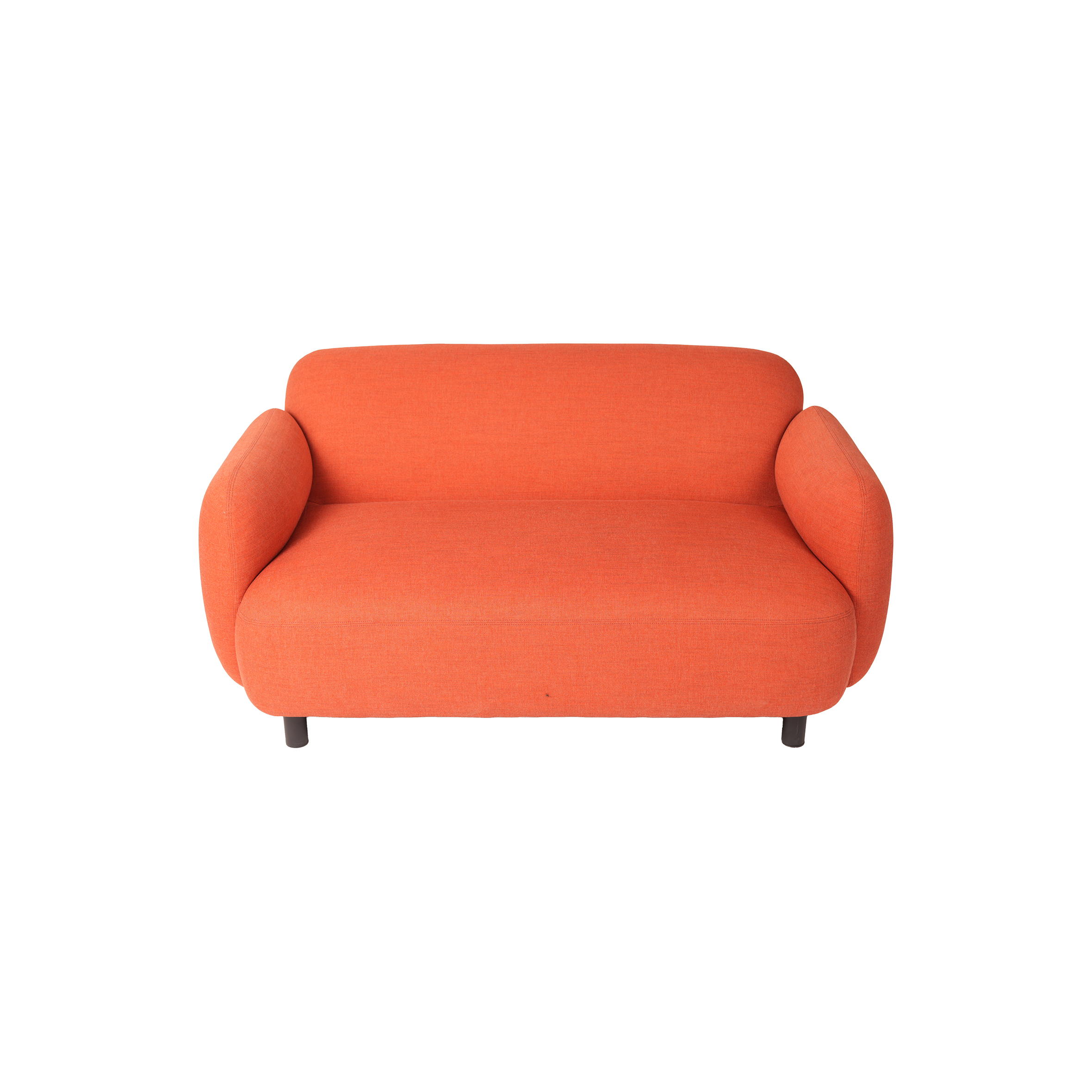 An orange loveseat features plush, rounded armrests and a minimalist design with short black legs, conveying a modern, cozy ambiance.