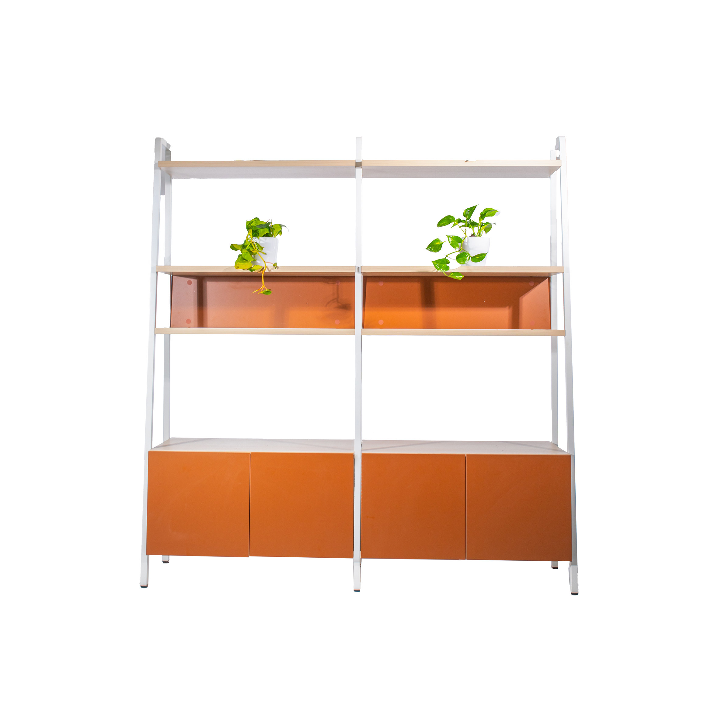 Wooden shelving unit with white frame and orange cabinet doors, holding two small green potted plants on separate shelves, conveying a fresh, modern look.