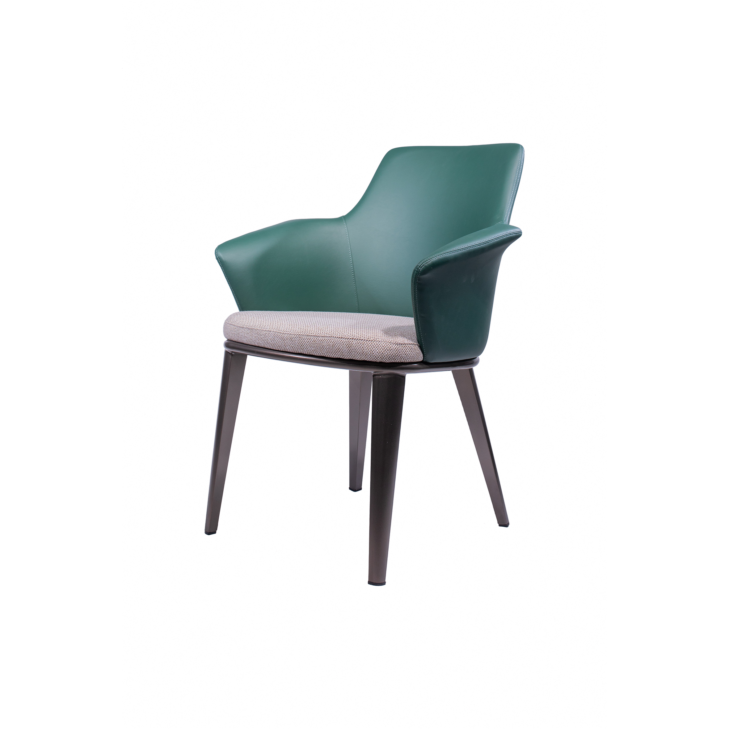 Green leather chair with a plush gray fabric seat and sleek black metal legs. The chair has a modern design with rounded armrests and a high back.