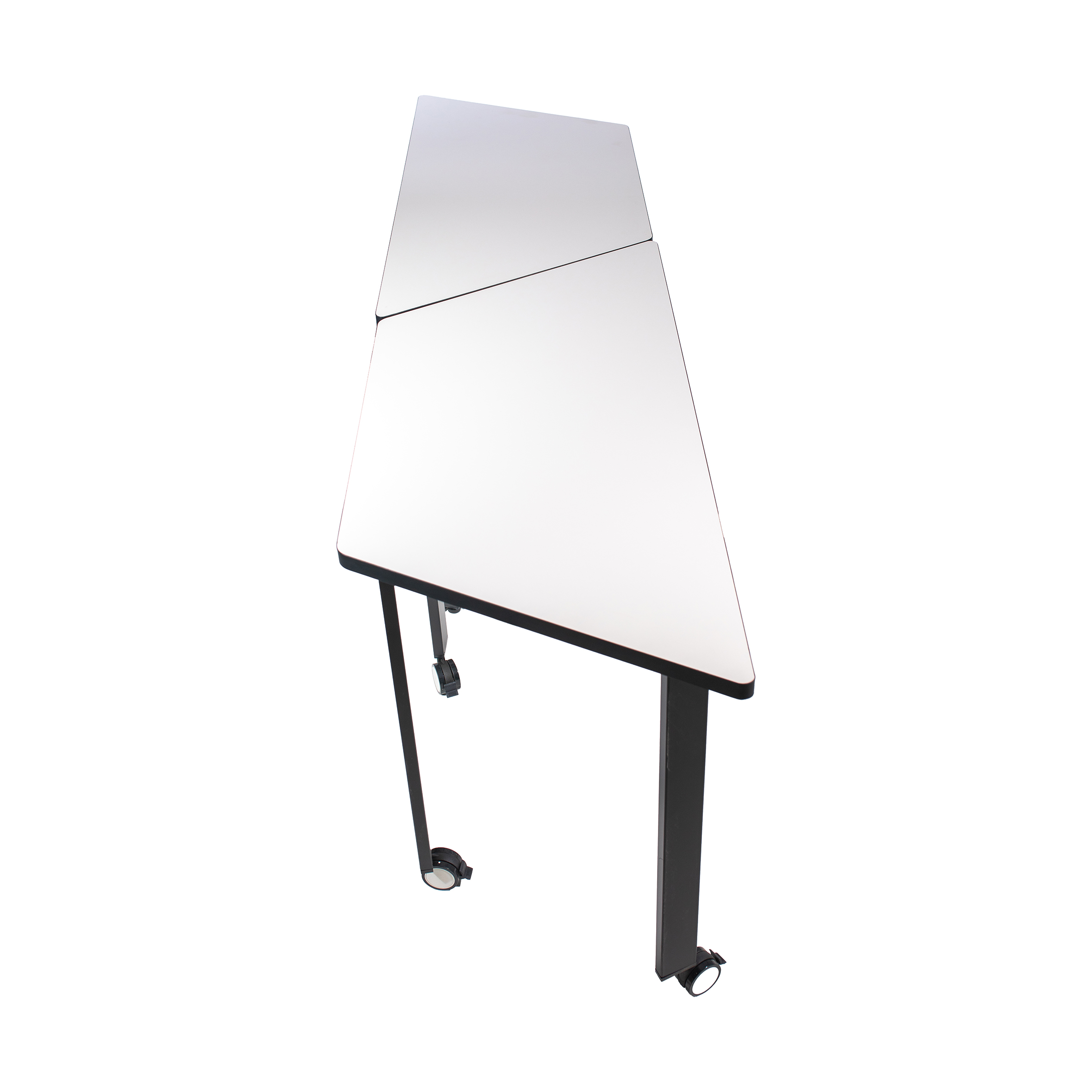 Minimalist trapezoidal table with a white top and four black legs. Two legs have wheels, suggesting mobility. Clean, modern design, suited for versatile use.