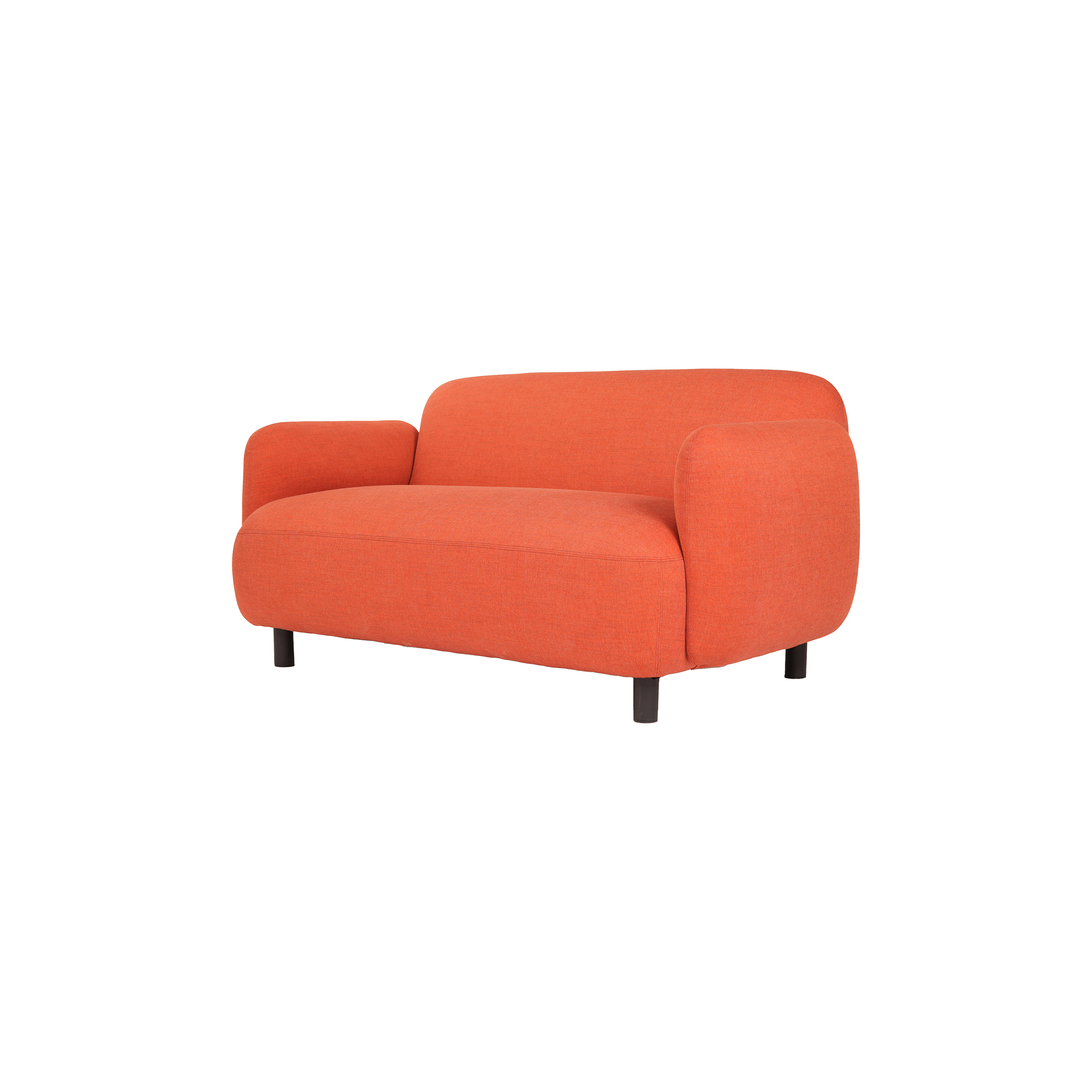 An orange loveseat features plush, rounded armrests and a minimalist design with short black legs, conveying a modern, cozy ambiance.