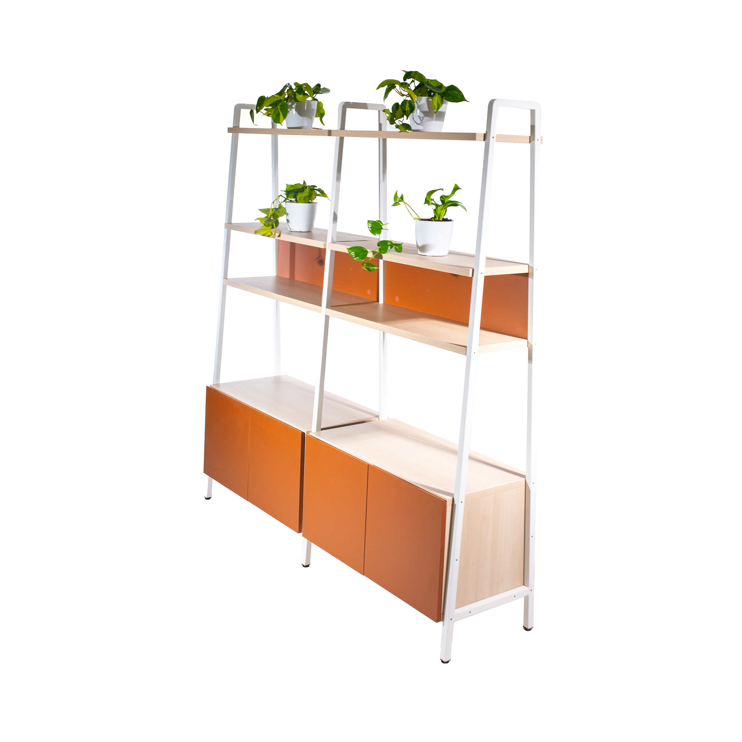 Wooden shelving unit with white frame and orange cabinet doors, holding two small green potted plants on separate shelves, conveying a fresh, modern look.