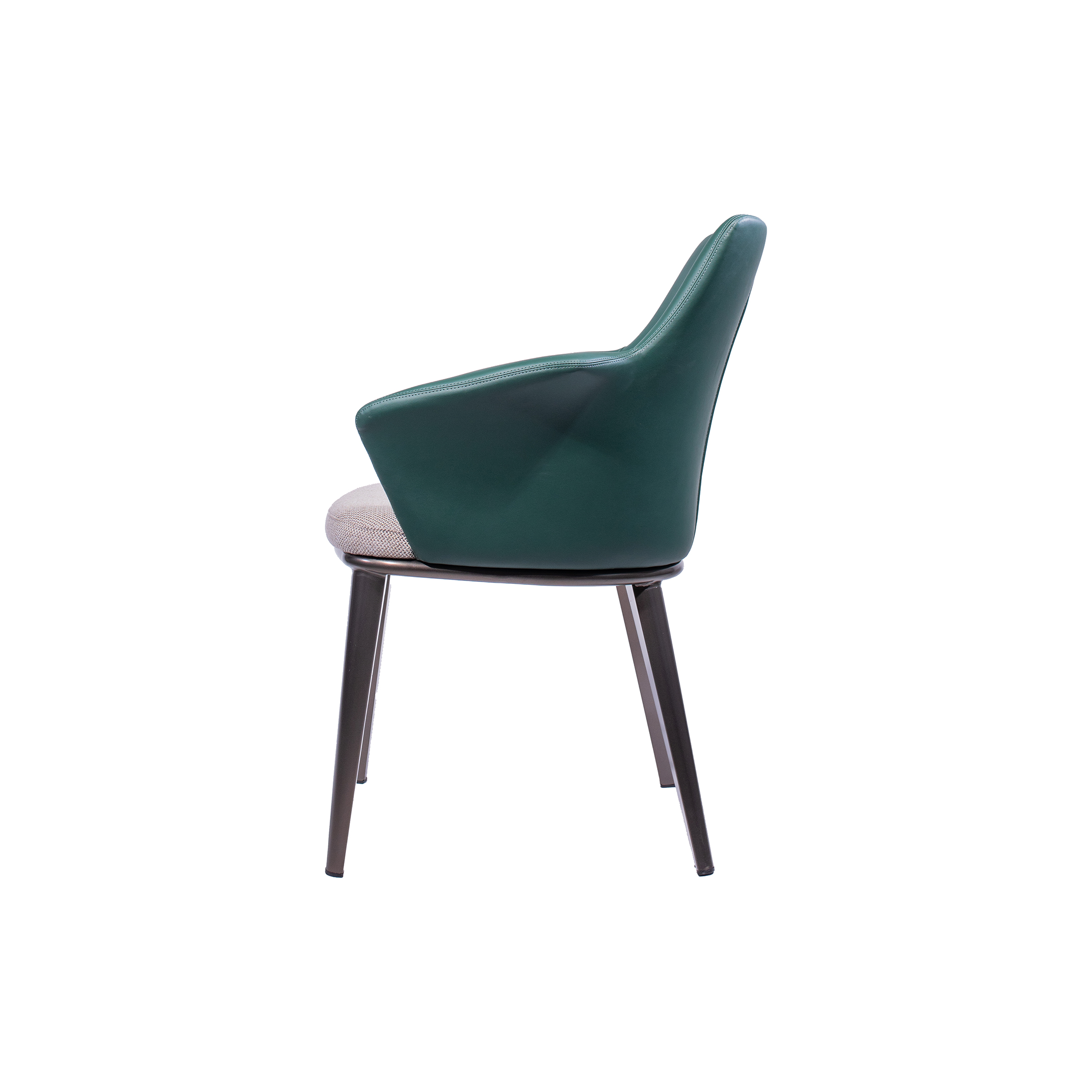 Green leather chair with a plush gray fabric seat and sleek black metal legs. The chair has a modern design with rounded armrests and a high back.