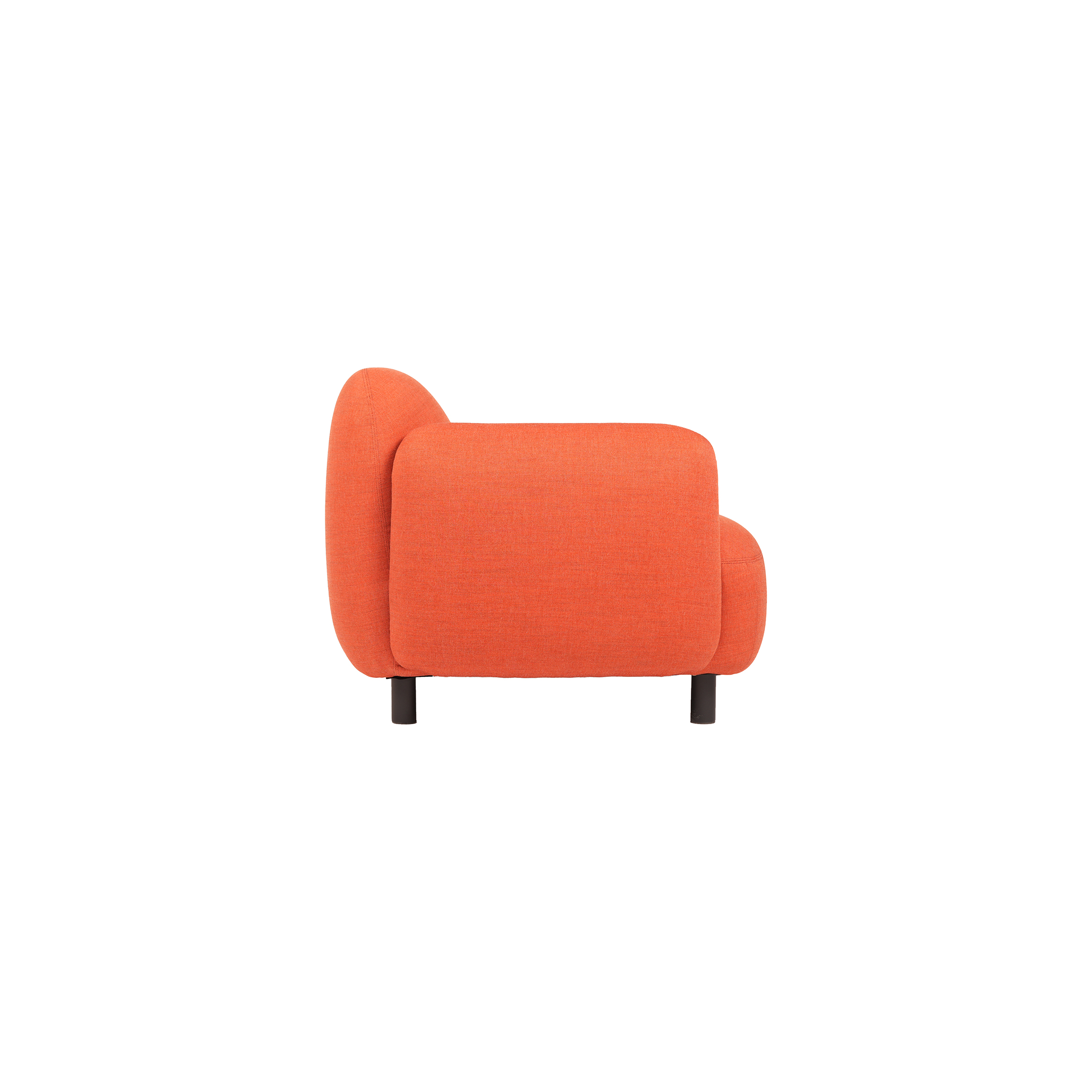An orange loveseat features plush, rounded armrests and a minimalist design with short black legs, conveying a modern, cozy ambiance.