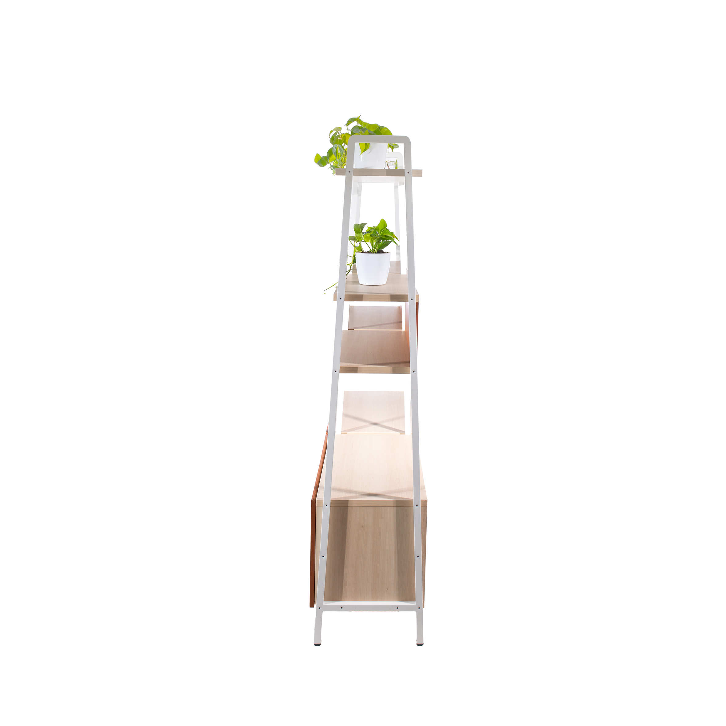 Wooden shelving unit with white frame and orange cabinet doors, holding two small green potted plants on separate shelves, conveying a fresh, modern look.