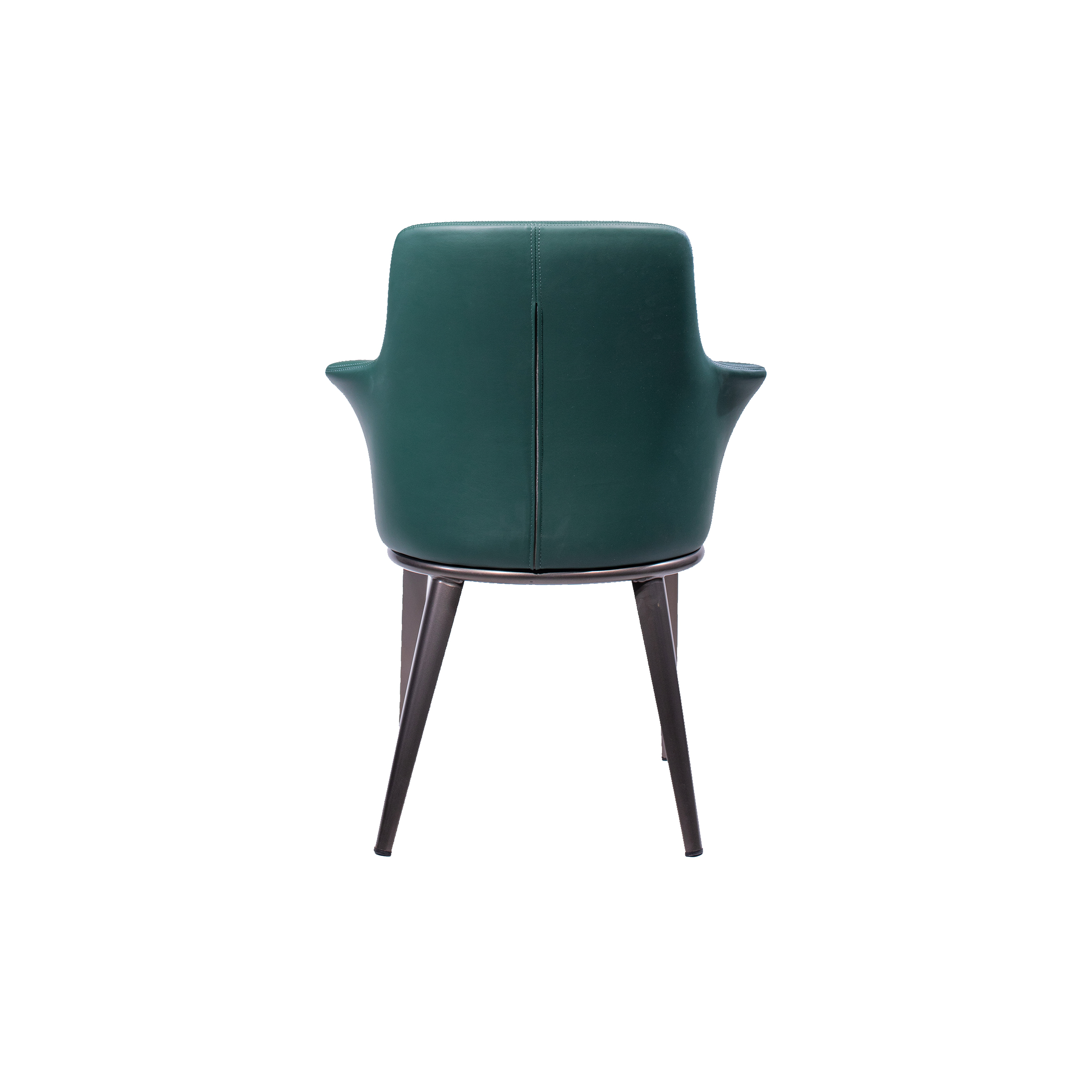 Green leather chair with a plush gray fabric seat and sleek black metal legs. The chair has a modern design with rounded armrests and a high back.
