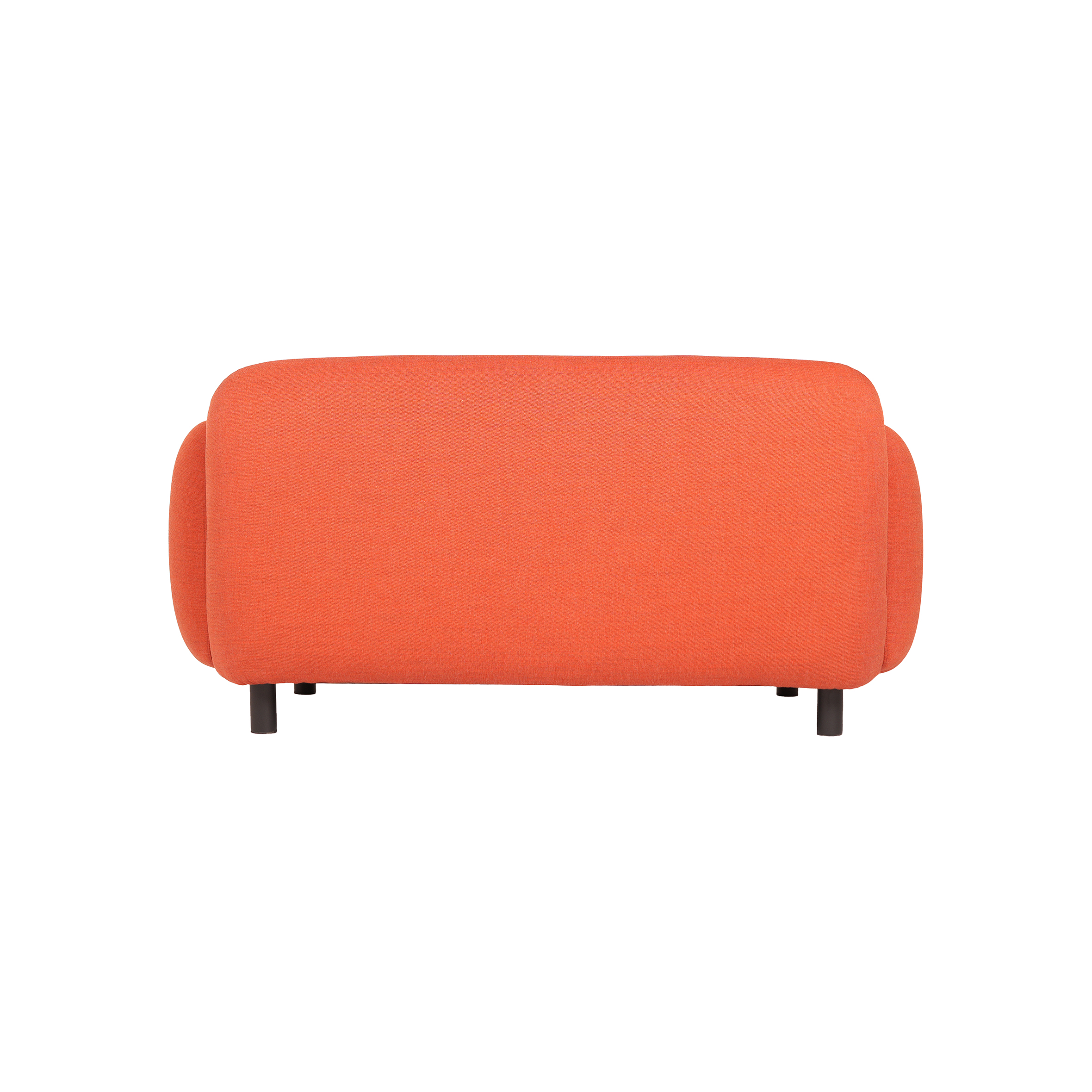 An orange loveseat features plush, rounded armrests and a minimalist design with short black legs, conveying a modern, cozy ambiance.