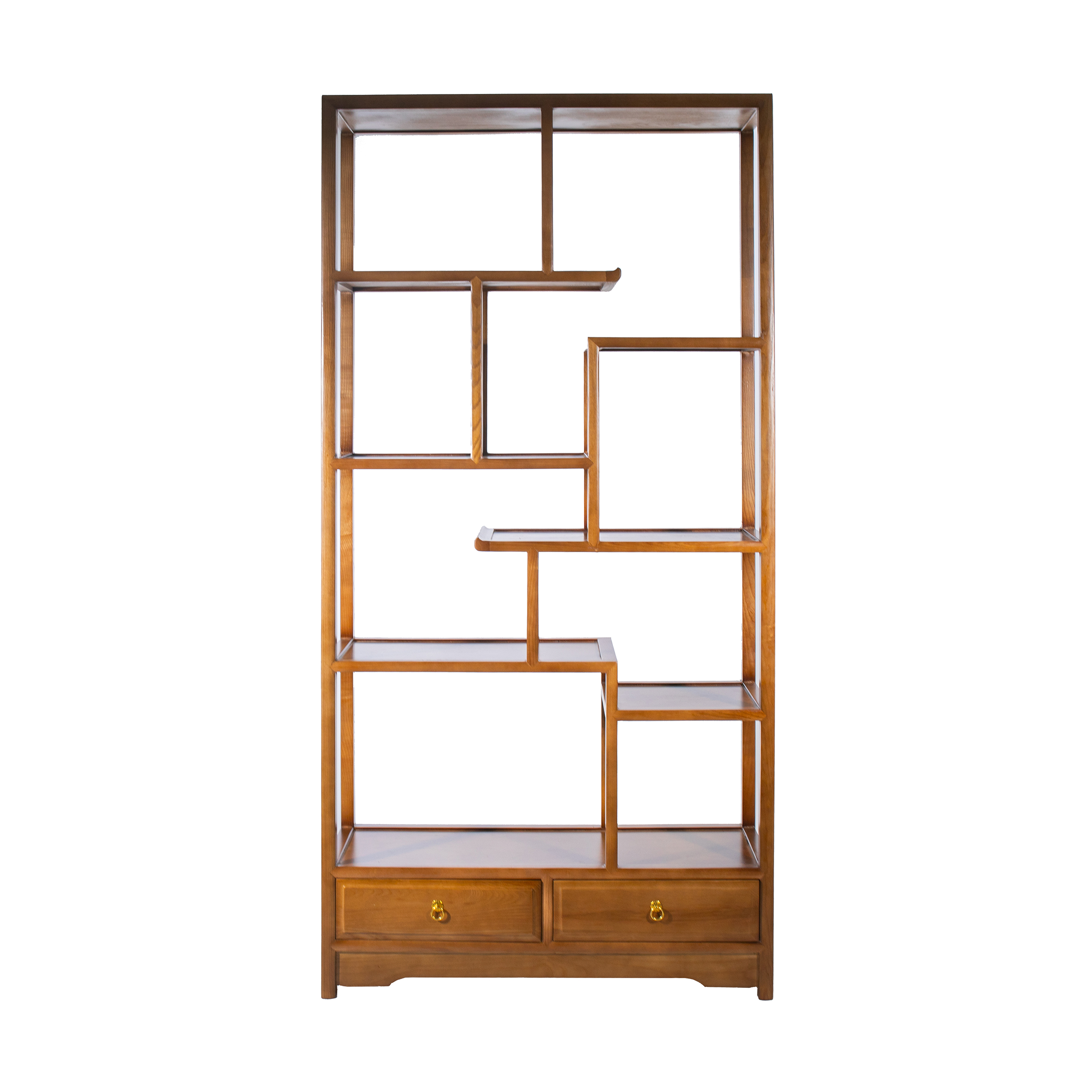 Wooden bookshelf with asymmetrical, open compartments and two drawers at the bottom. The design is modern and minimalist, conveying simplicity.