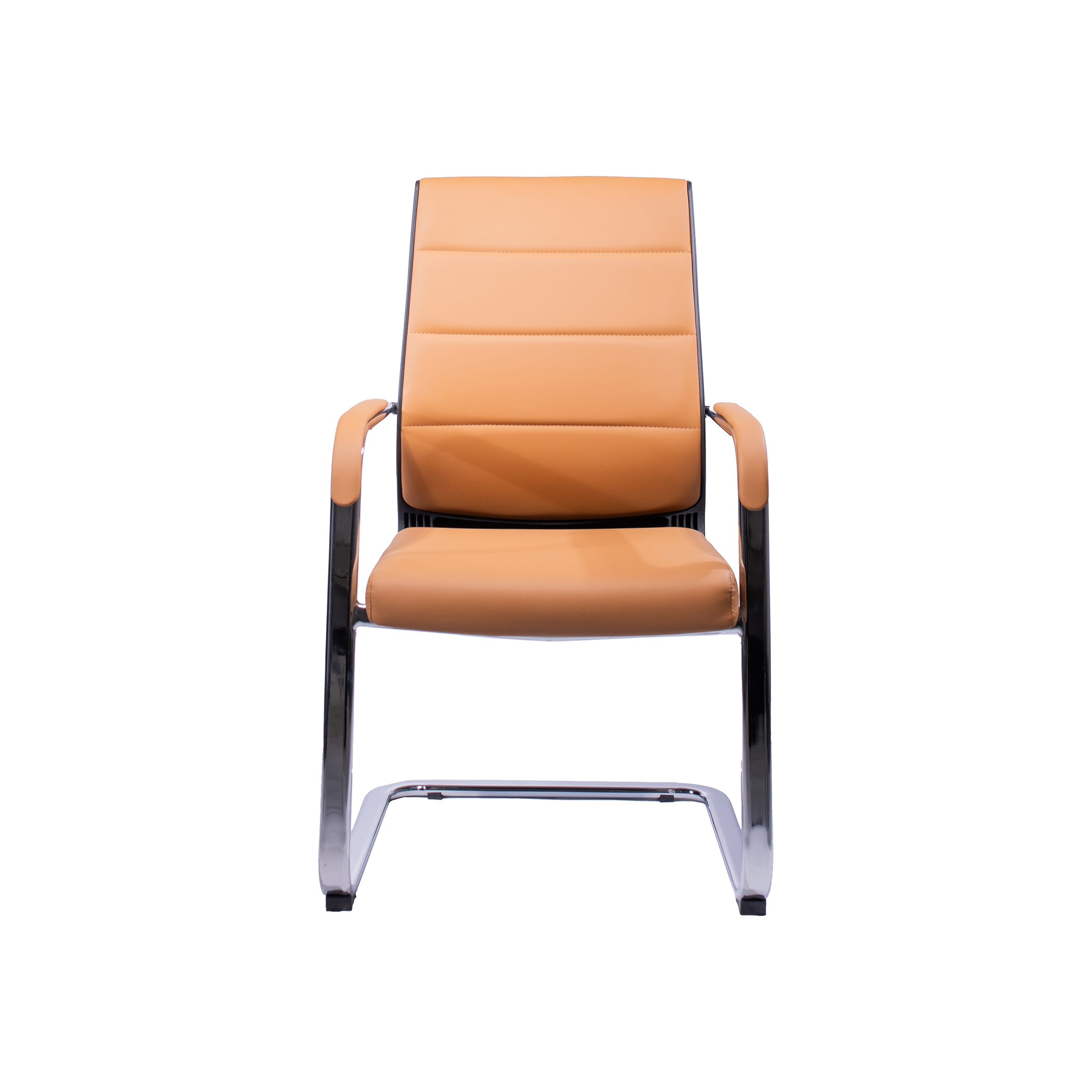 Modern office chair with tan leather upholstery and sleek black metal legs. The chair has a minimalist, professional design with a comfortable seat.