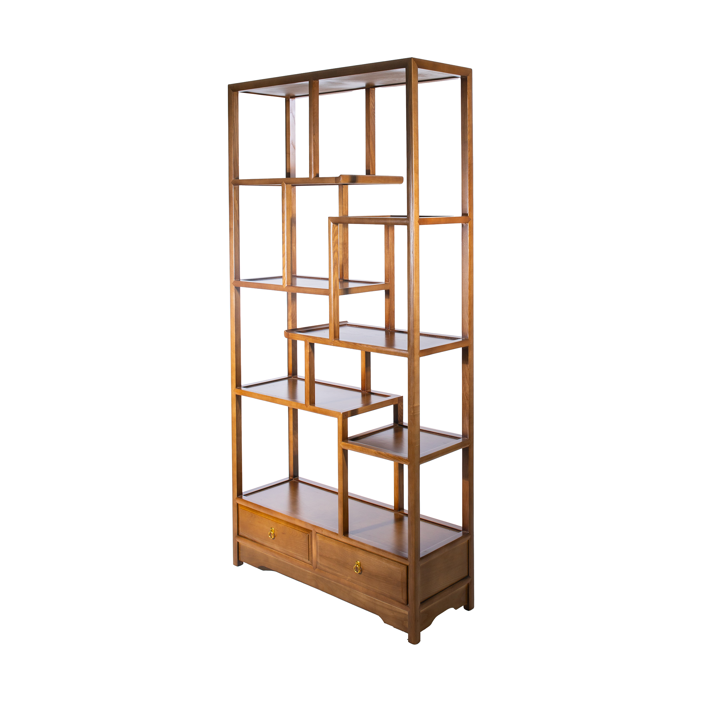 Wooden bookshelf with asymmetrical, open compartments and two drawers at the bottom. The design is modern and minimalist, conveying simplicity.