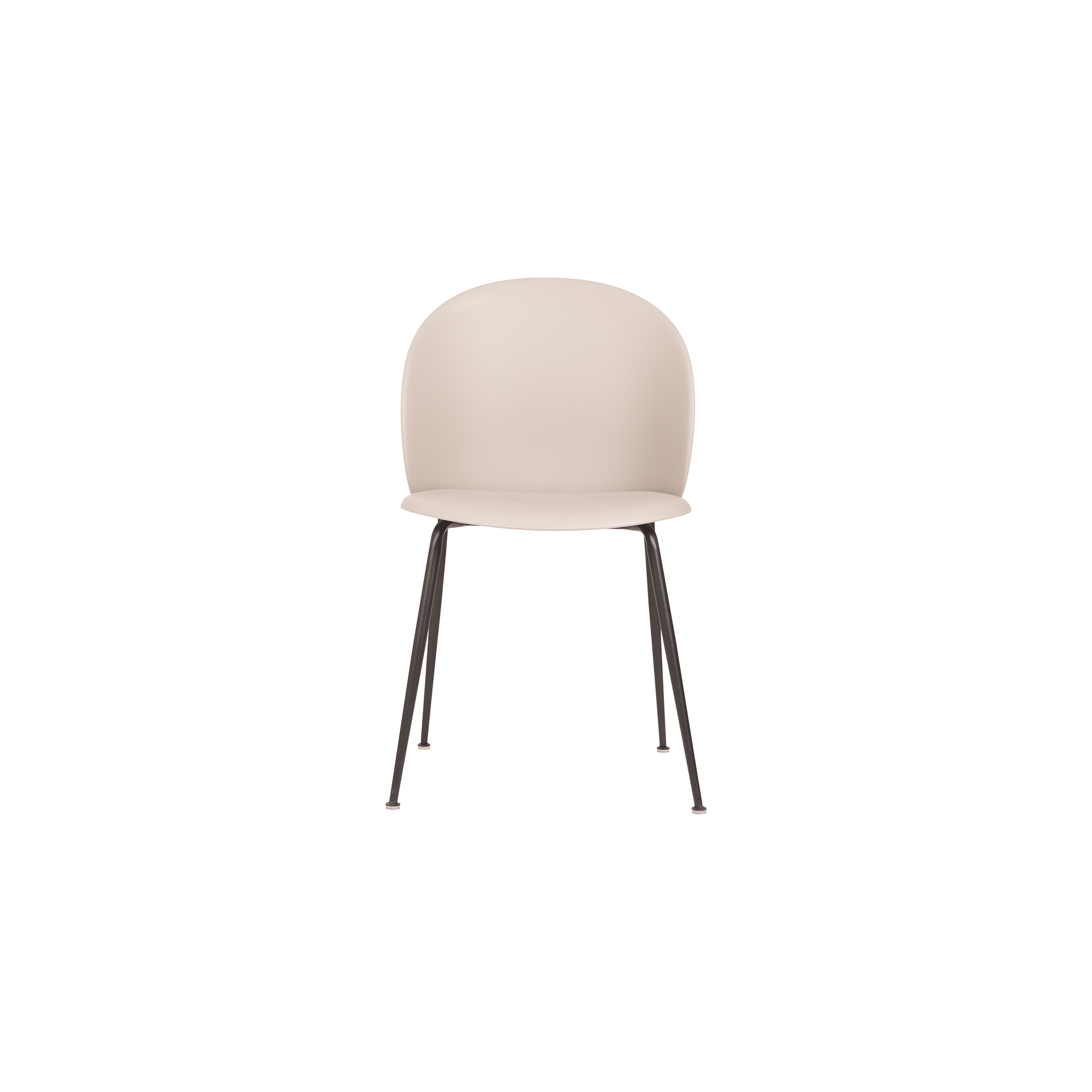 Modern minimalist chair with a smooth, beige curved seat and backrest. It has sleek black metal legs, giving off a simple, contemporary vibe.