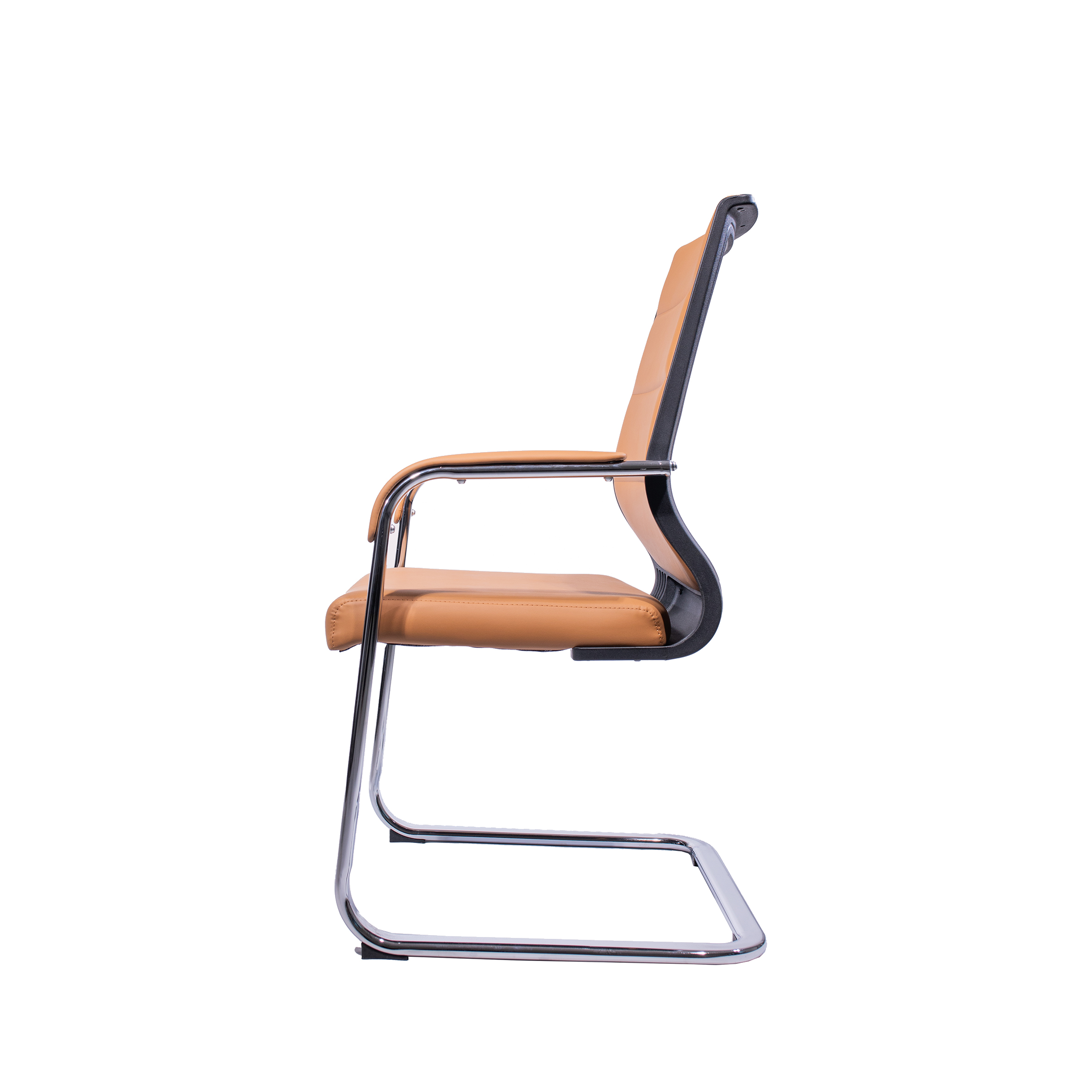 Modern office chair with tan leather upholstery and sleek black metal legs. The chair has a minimalist, professional design with a comfortable seat.