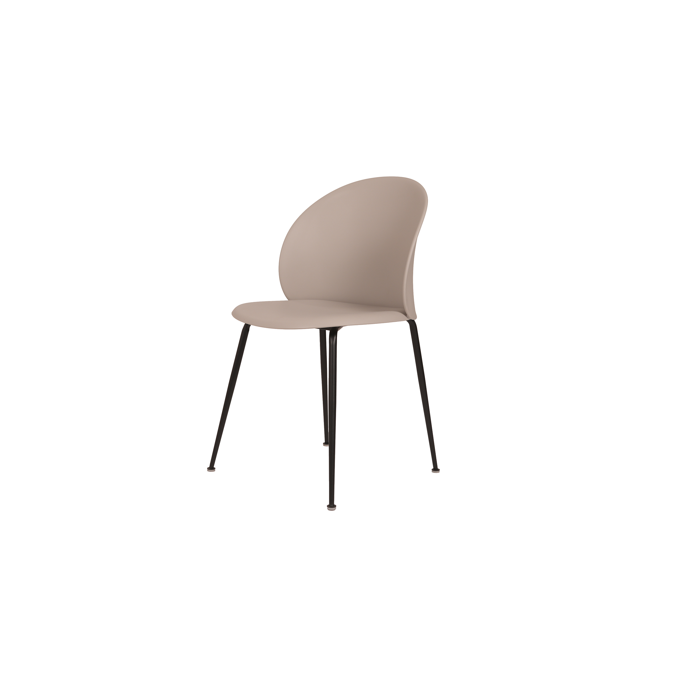Modern minimalist chair with a smooth, beige curved seat and backrest. It has sleek black metal legs, giving off a simple, contemporary vibe.