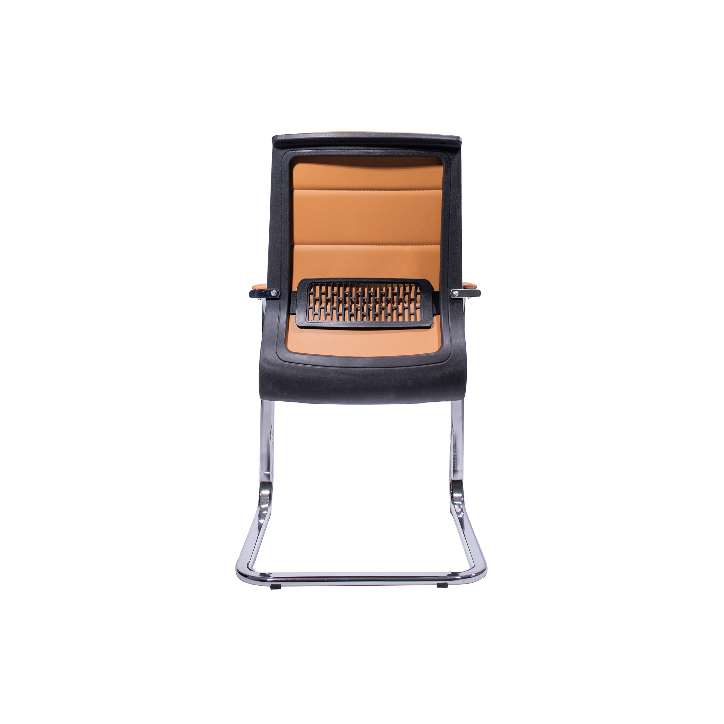 Modern office chair with tan leather upholstery and sleek black metal legs. The chair has a minimalist, professional design with a comfortable seat.