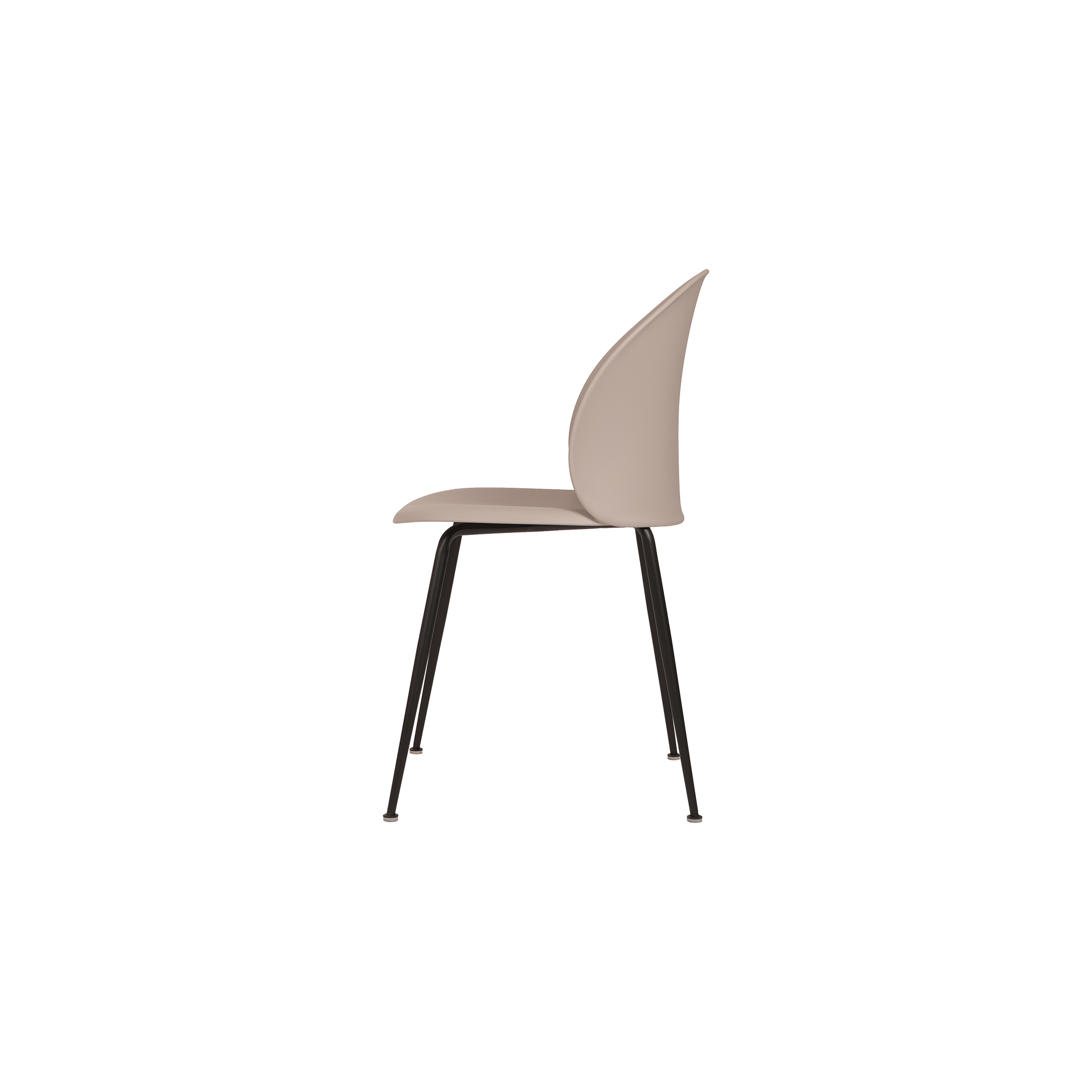 Modern minimalist chair with a smooth, beige curved seat and backrest. It has sleek black metal legs, giving off a simple, contemporary vibe.