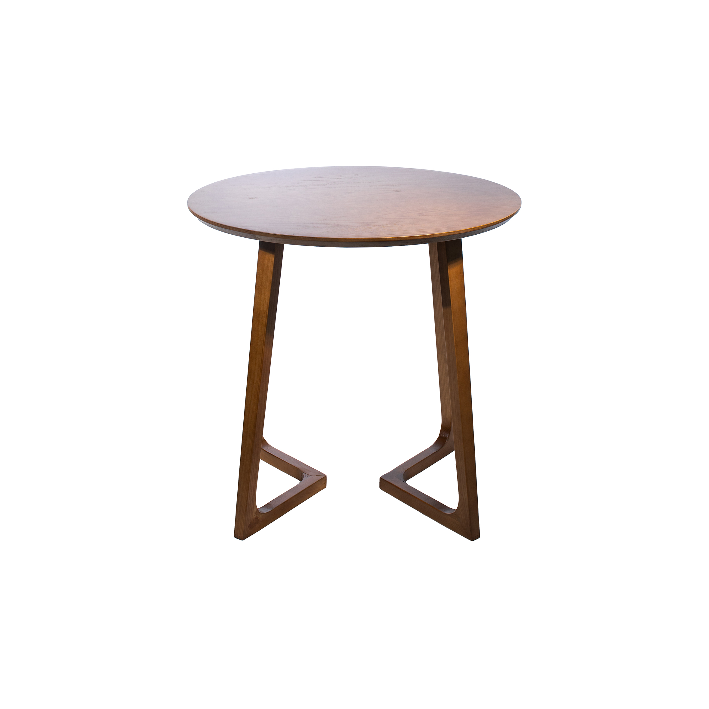 Round wooden table with a smooth surface and a minimalist design. It has two angled legs, creating a modern and elegant look.