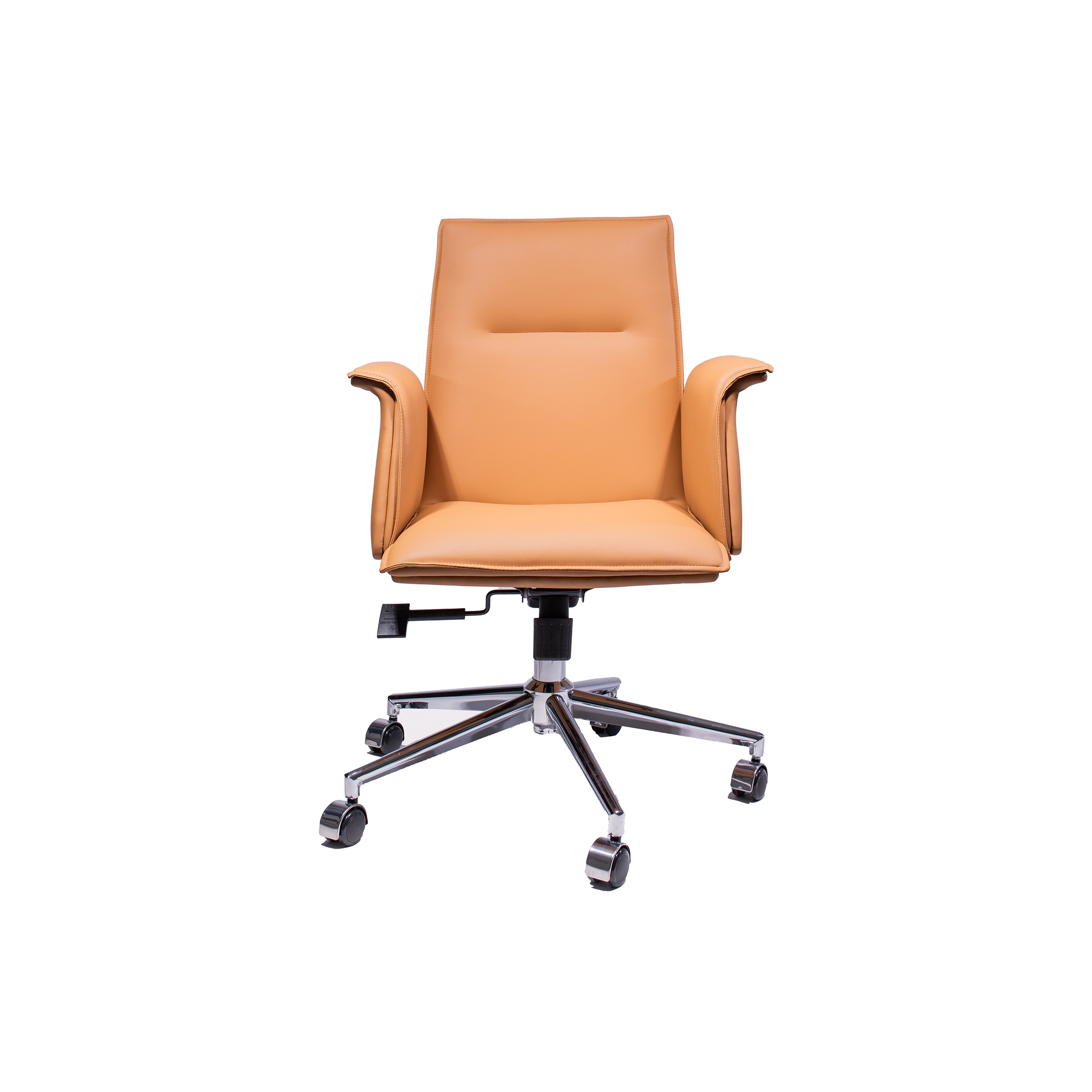 A tan leather office chair with padded armrests and a high backrest, featuring a chrome base and five caster wheels, set against a white background.