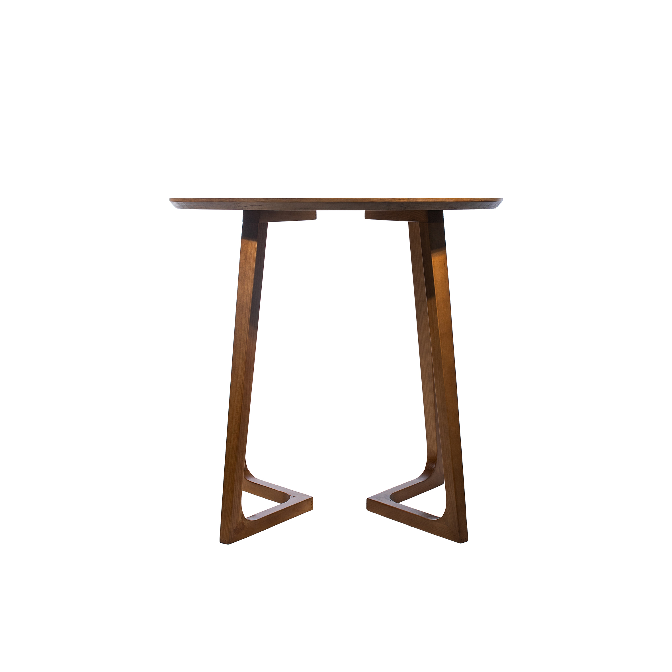 Round wooden table with a smooth surface and a minimalist design. It has two angled legs, creating a modern and elegant look.
