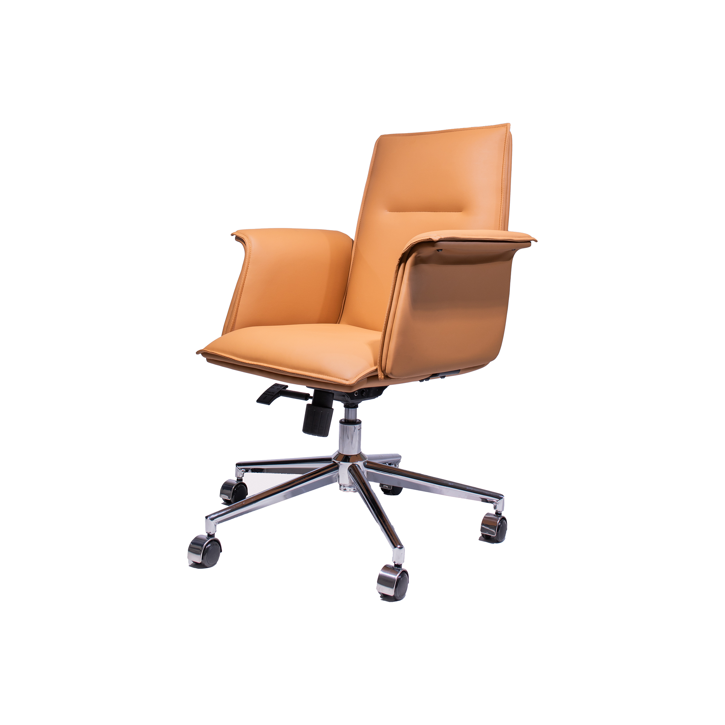 A tan leather office chair with padded armrests and a high backrest, featuring a chrome base and five caster wheels, set against a white background.