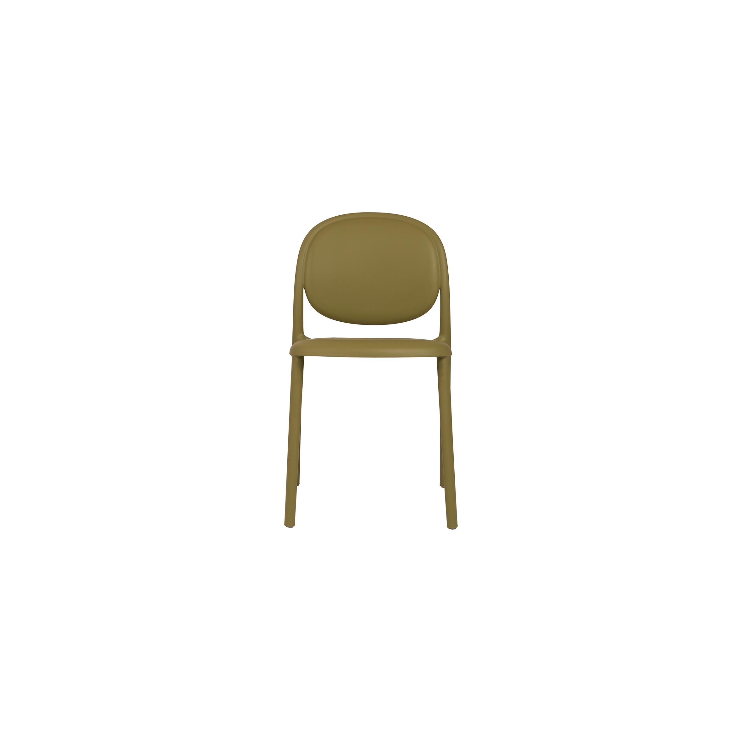 A simple, olive-green, modern chair with a curved backrest and seat, featuring a minimalist design and straight legs, set against a plain white background.