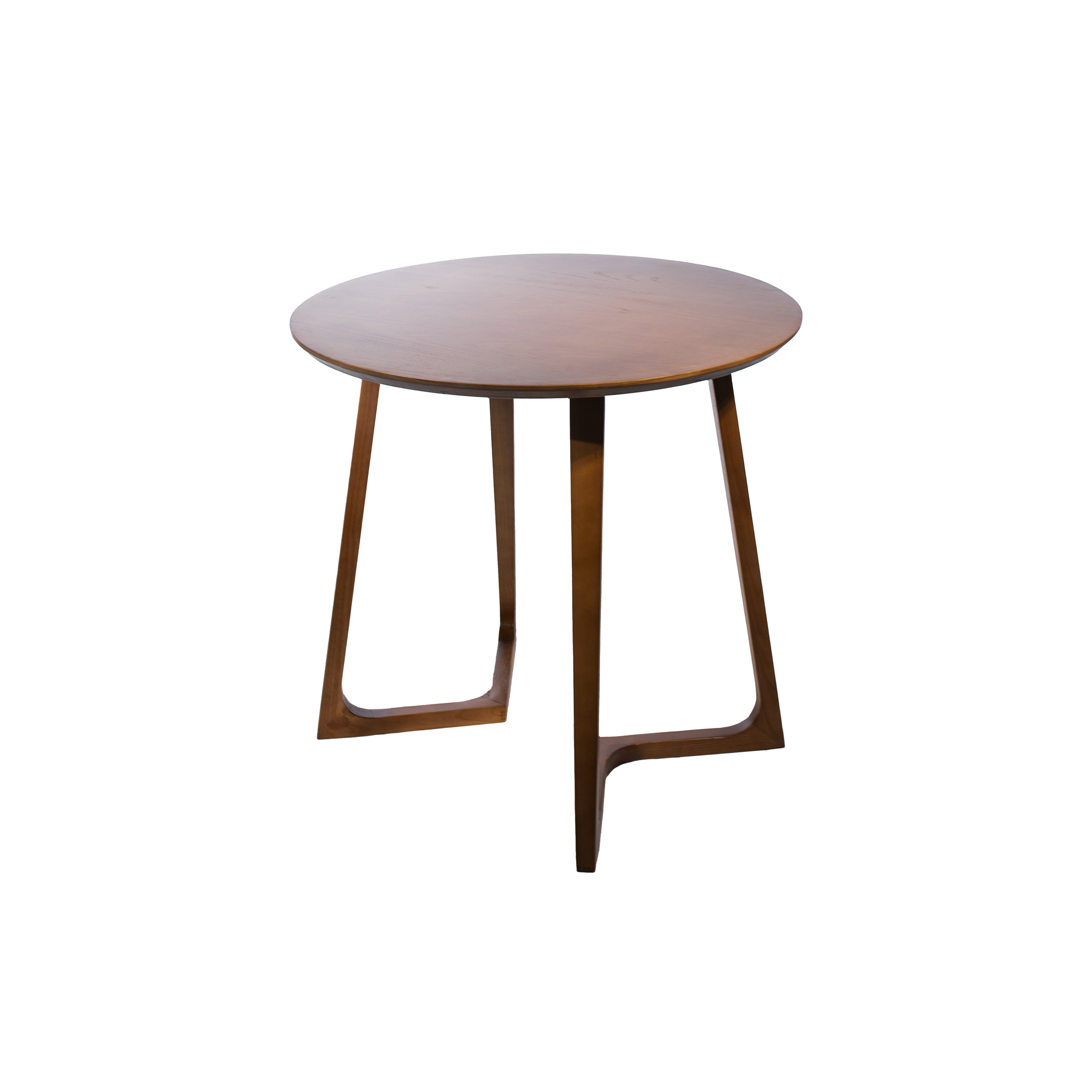 Round wooden table with a smooth surface and a minimalist design. It has two angled legs, creating a modern and elegant look.