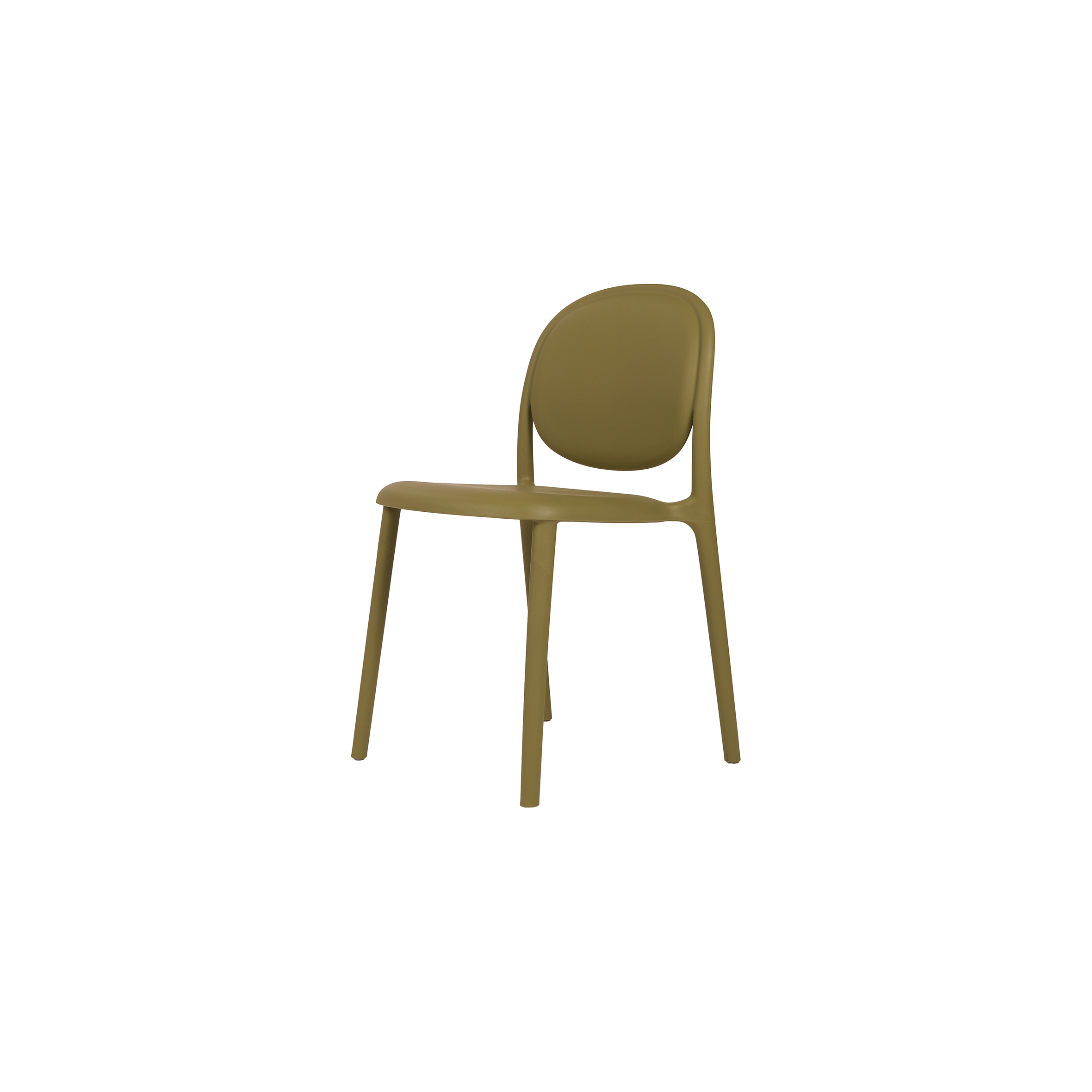 A simple, olive-green, modern chair with a curved backrest and seat, featuring a minimalist design and straight legs, set against a plain white background.