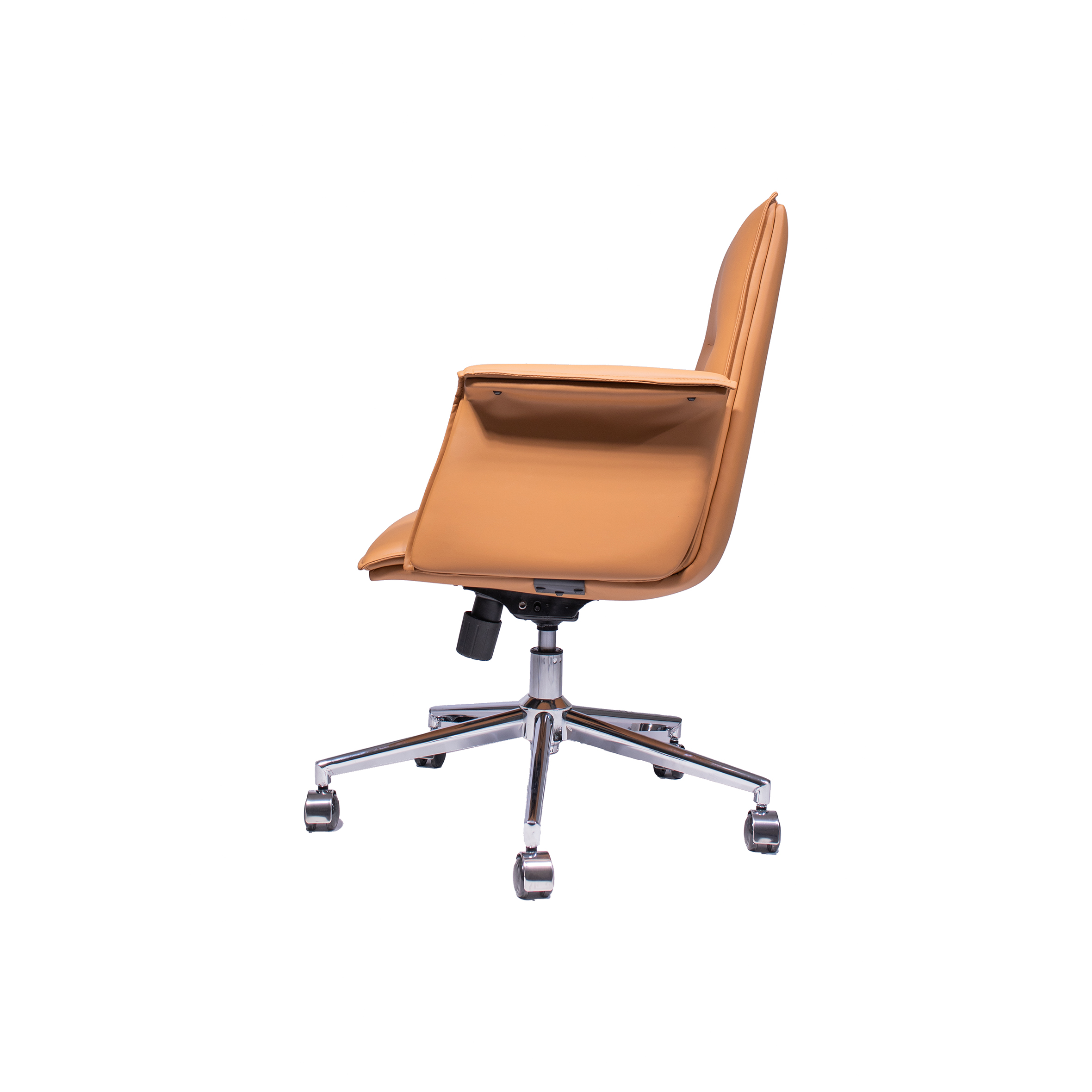 A tan leather office chair with padded armrests and a high backrest, featuring a chrome base and five caster wheels, set against a white background.
