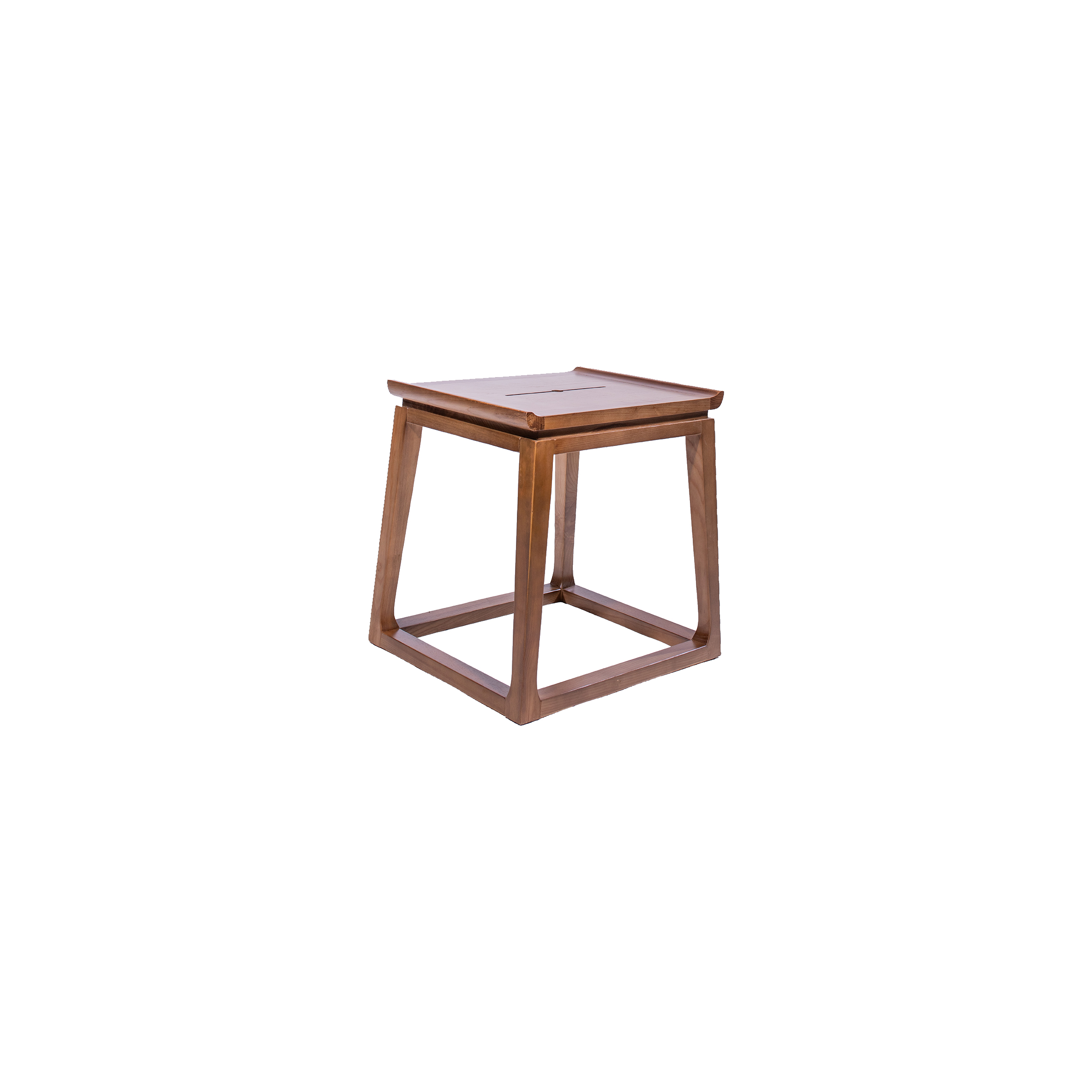 A wooden stool with a square seat and flared legs, featuring a minimalist design. The wood is natural with a smooth finish, conveying a modern, elegant tone.