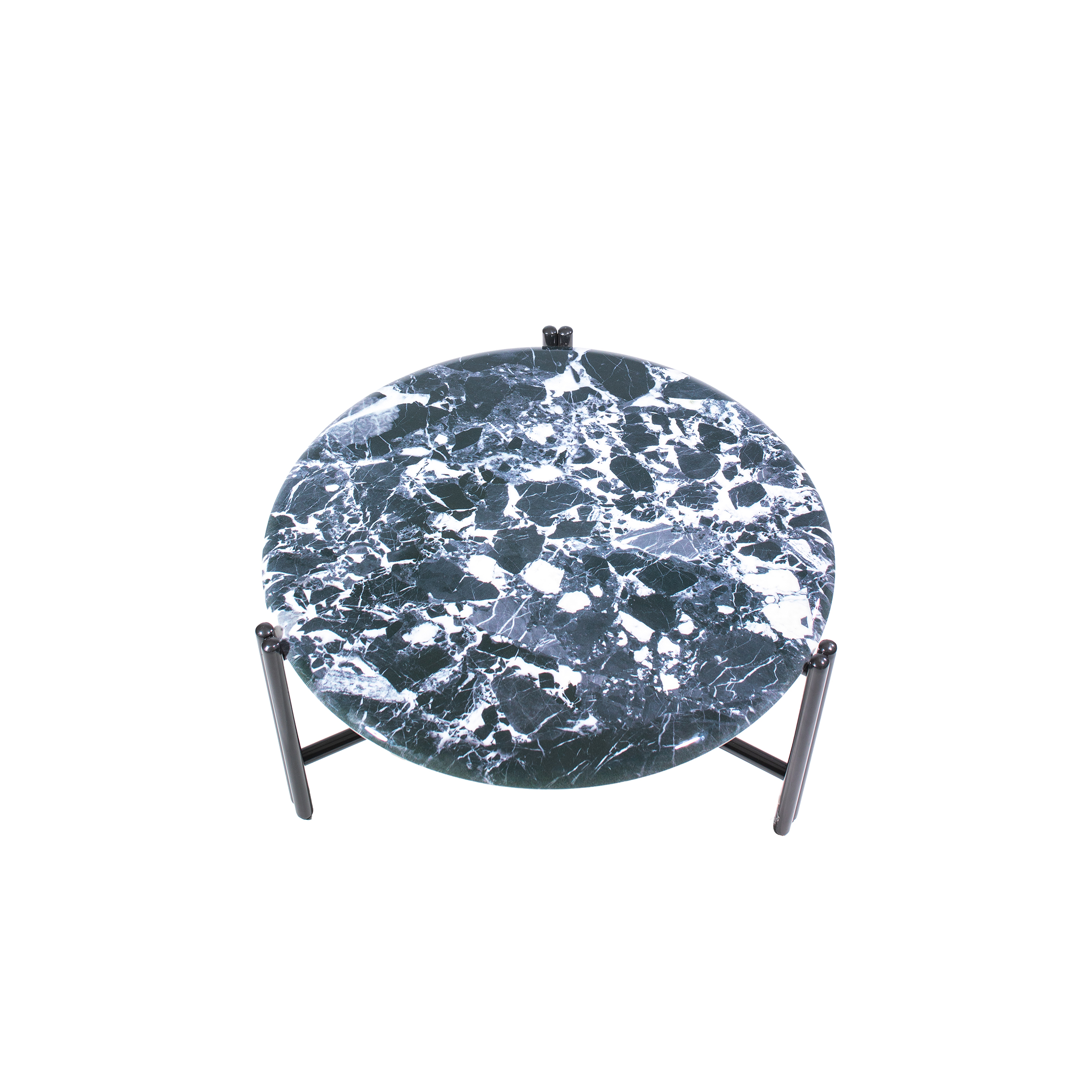 Round coffee table with a dark green and white marble top and sleek black metal legs, exuding a modern and elegant style.