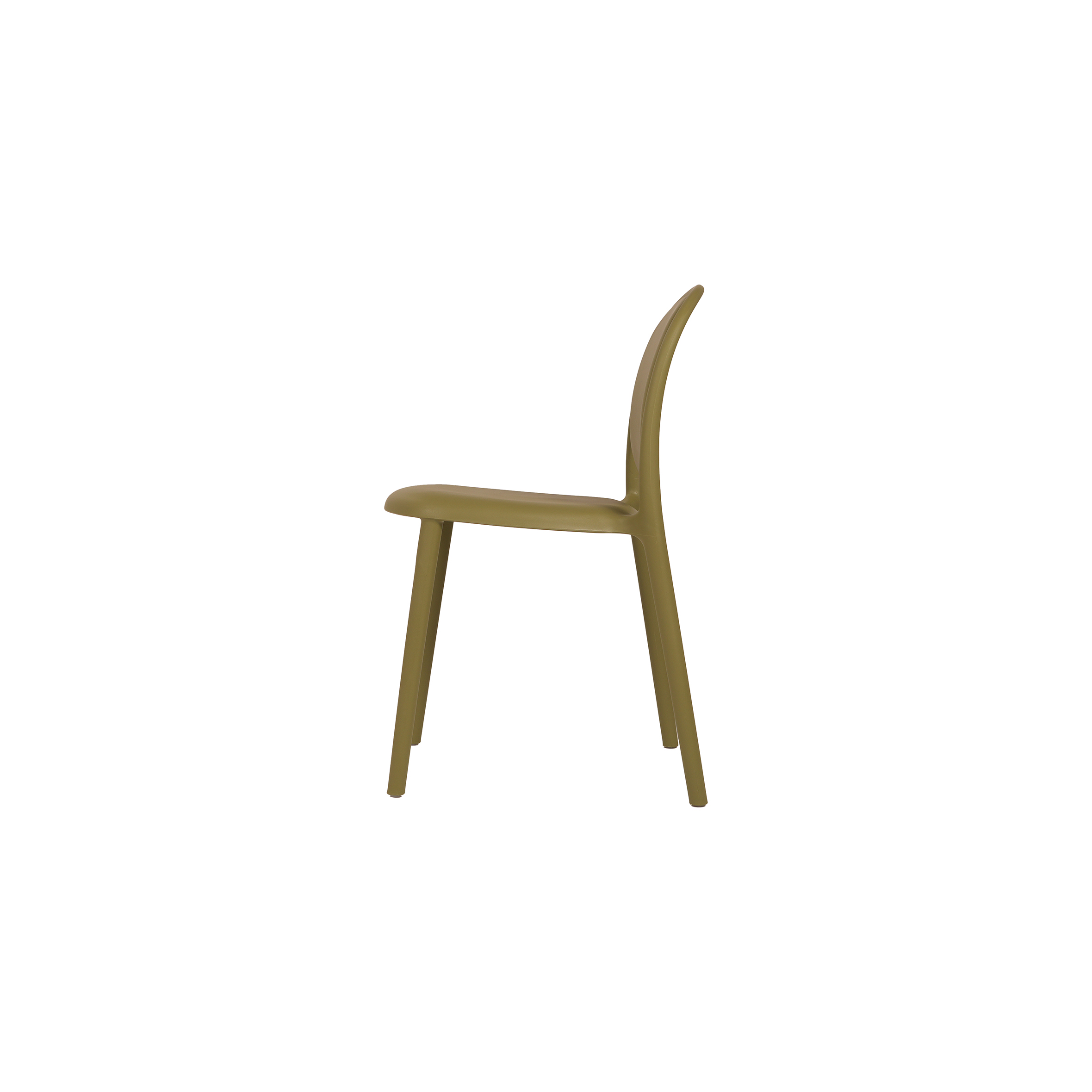 A simple, olive-green, modern chair with a curved backrest and seat, featuring a minimalist design and straight legs, set against a plain white background.