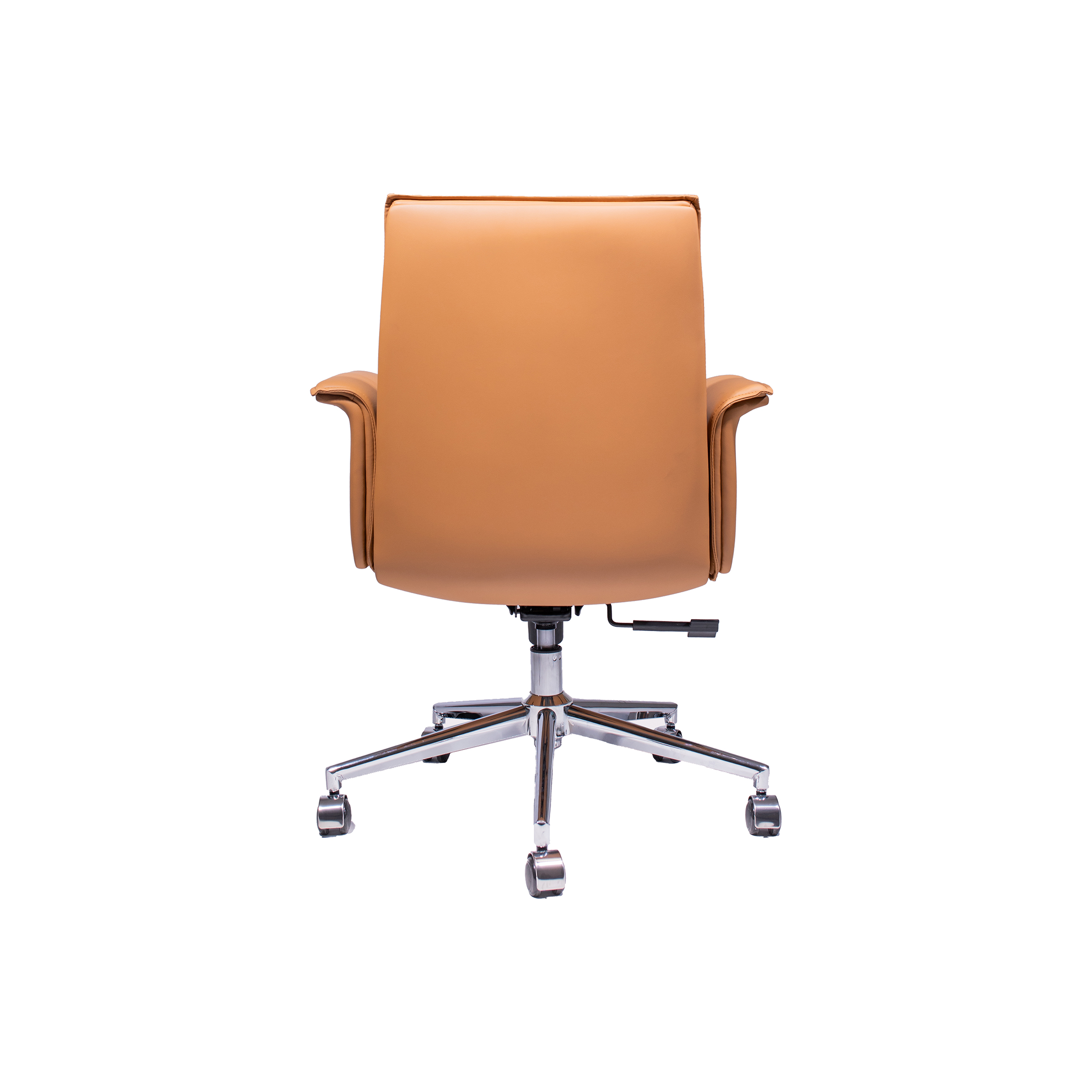 A tan leather office chair with padded armrests and a high backrest, featuring a chrome base and five caster wheels, set against a white background.