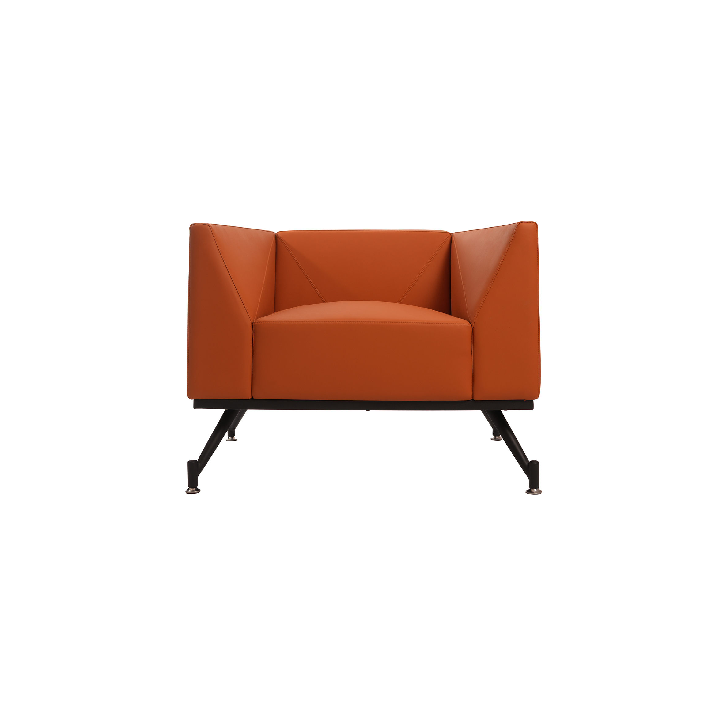 Orange modern armchair with a geometric design, featuring a low backrest and angled legs. The chair has a clean, contemporary look, exuding comfort and style.