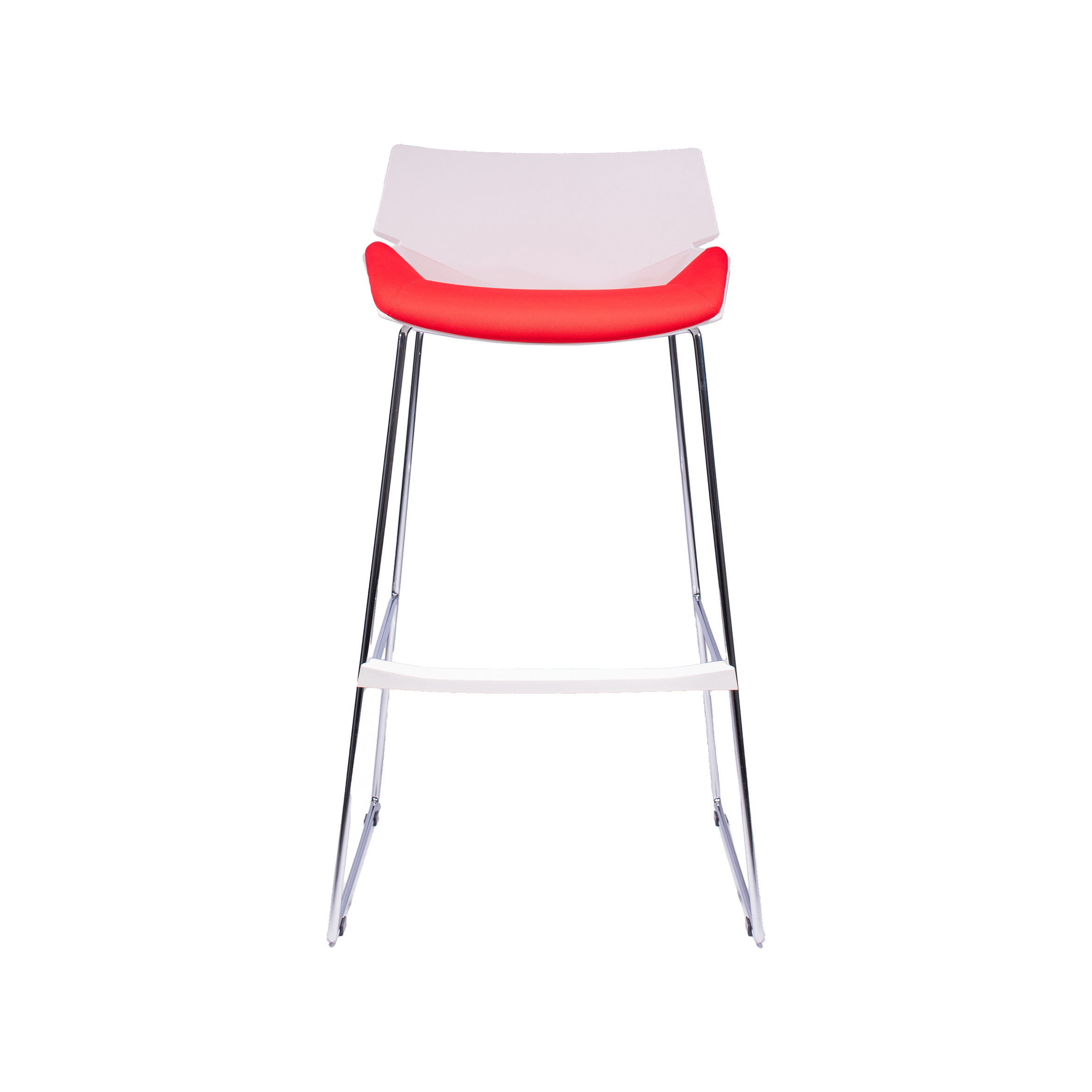 Modern bar stool with a clear backrest, bright red seat, and chrome legs, exuding a sleek and contemporary design on a white background.