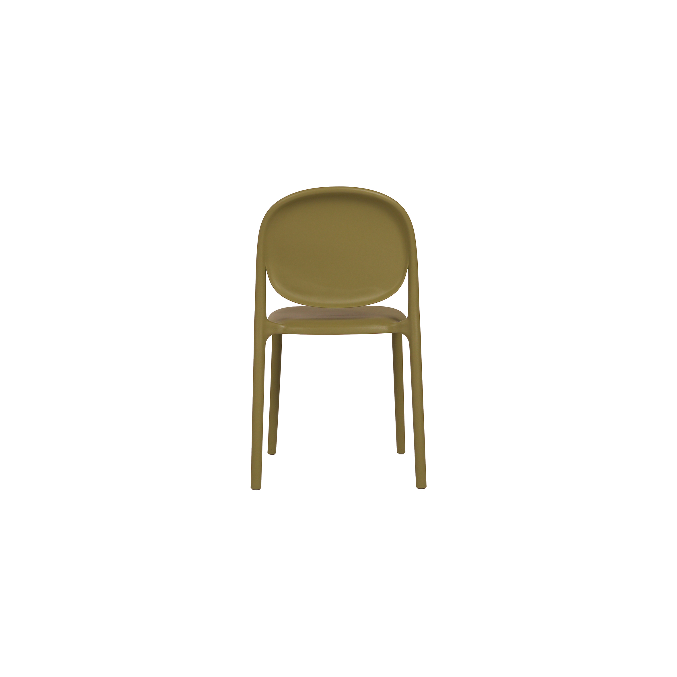A simple, olive-green, modern chair with a curved backrest and seat, featuring a minimalist design and straight legs, set against a plain white background.