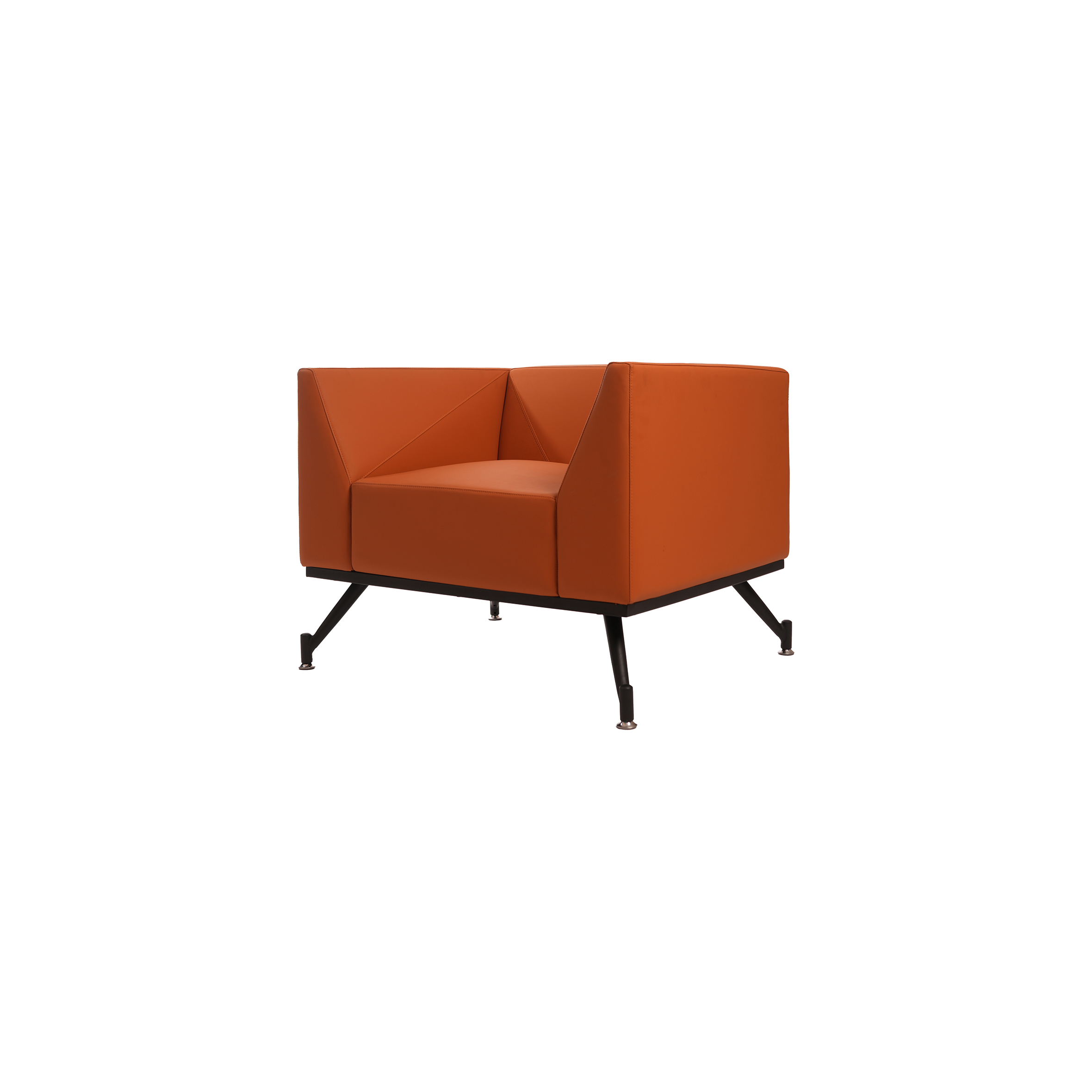 Orange modern armchair with a geometric design, featuring a low backrest and angled legs. The chair has a clean, contemporary look, exuding comfort and style.