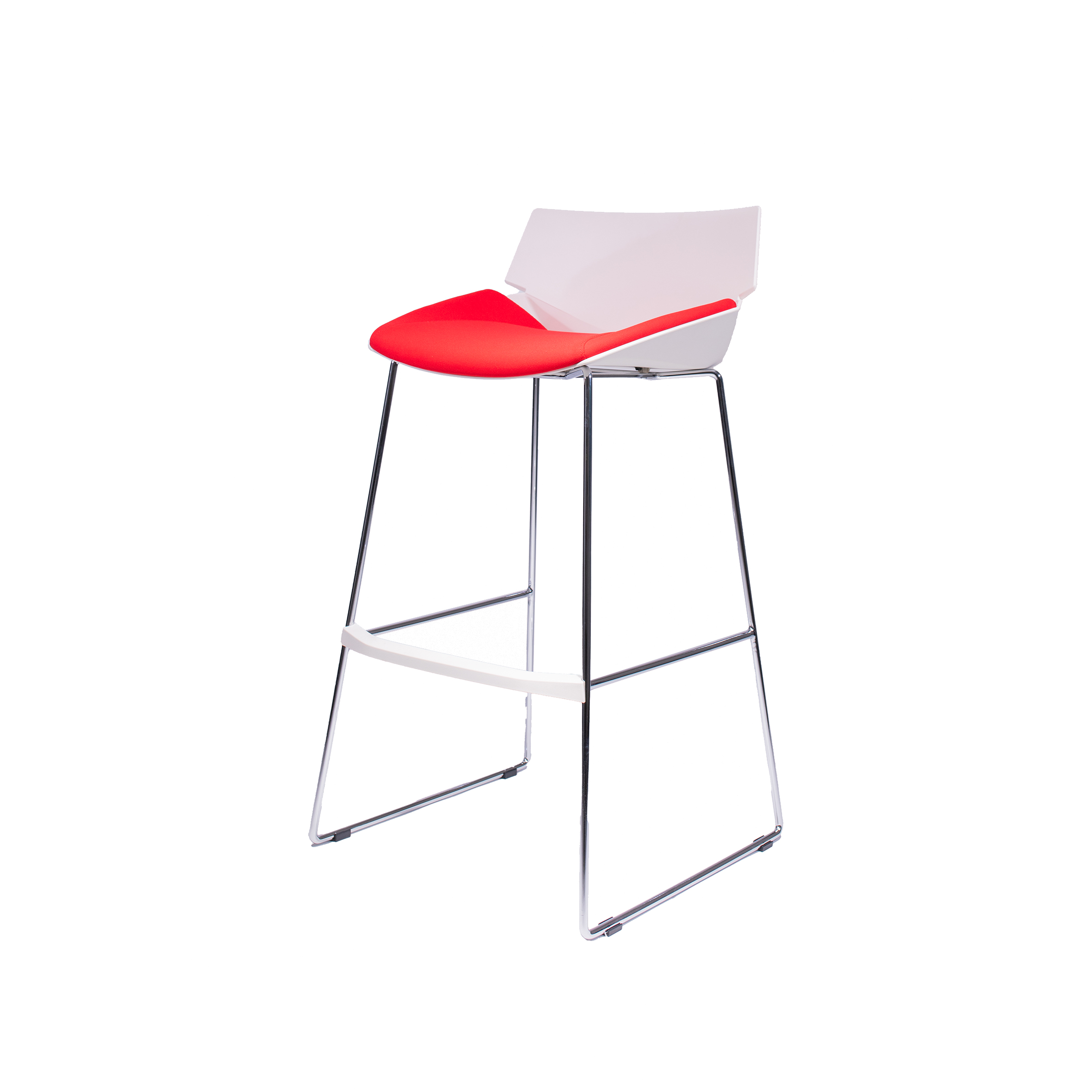 Modern bar stool with a clear backrest, bright red seat, and chrome legs, exuding a sleek and contemporary design on a white background.