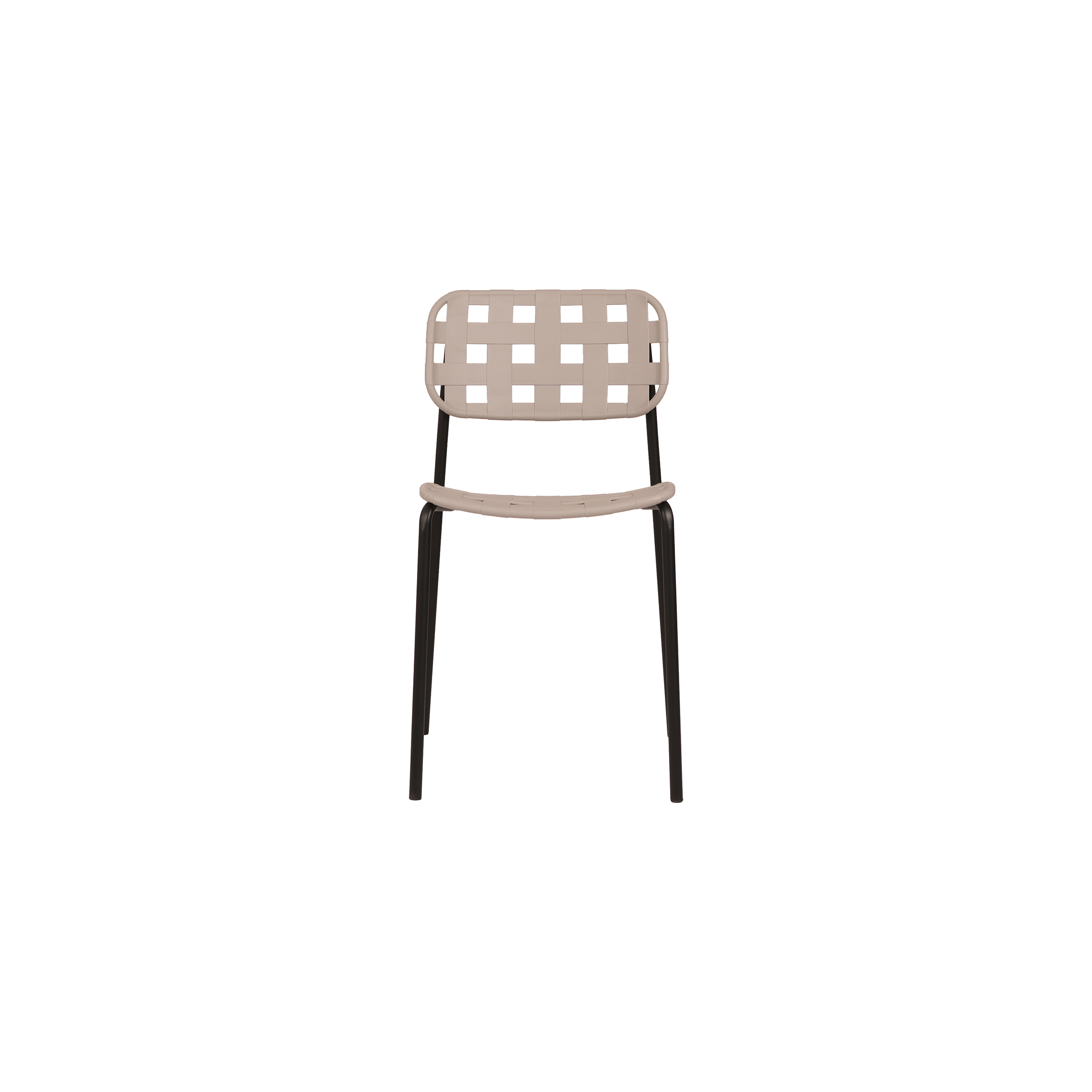 Beige woven leather chair with a black metal frame. The seat and backrest form a checkered pattern, conveying a modern, minimalist design.