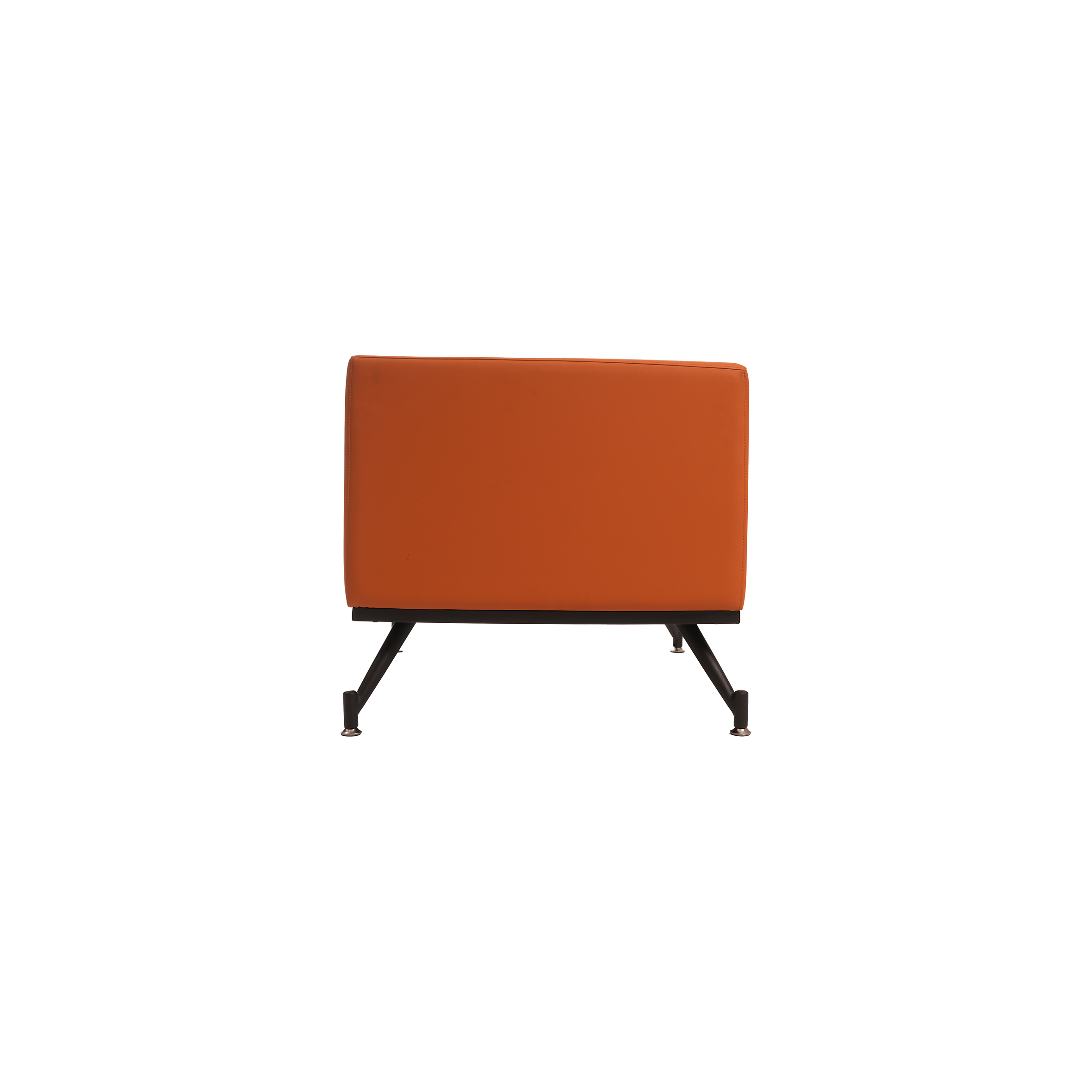 Orange modern armchair with a geometric design, featuring a low backrest and angled legs. The chair has a clean, contemporary look, exuding comfort and style.