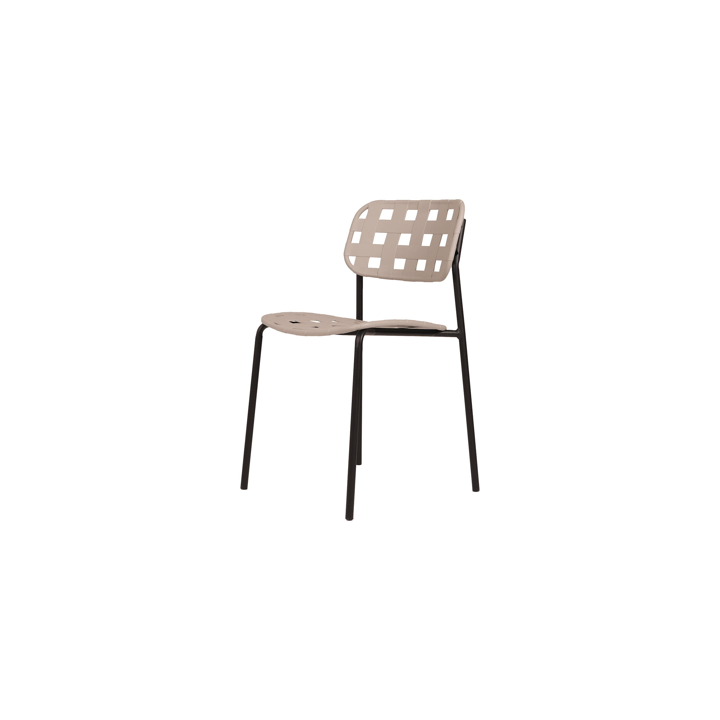 Beige woven leather chair with a black metal frame. The seat and backrest form a checkered pattern, conveying a modern, minimalist design.