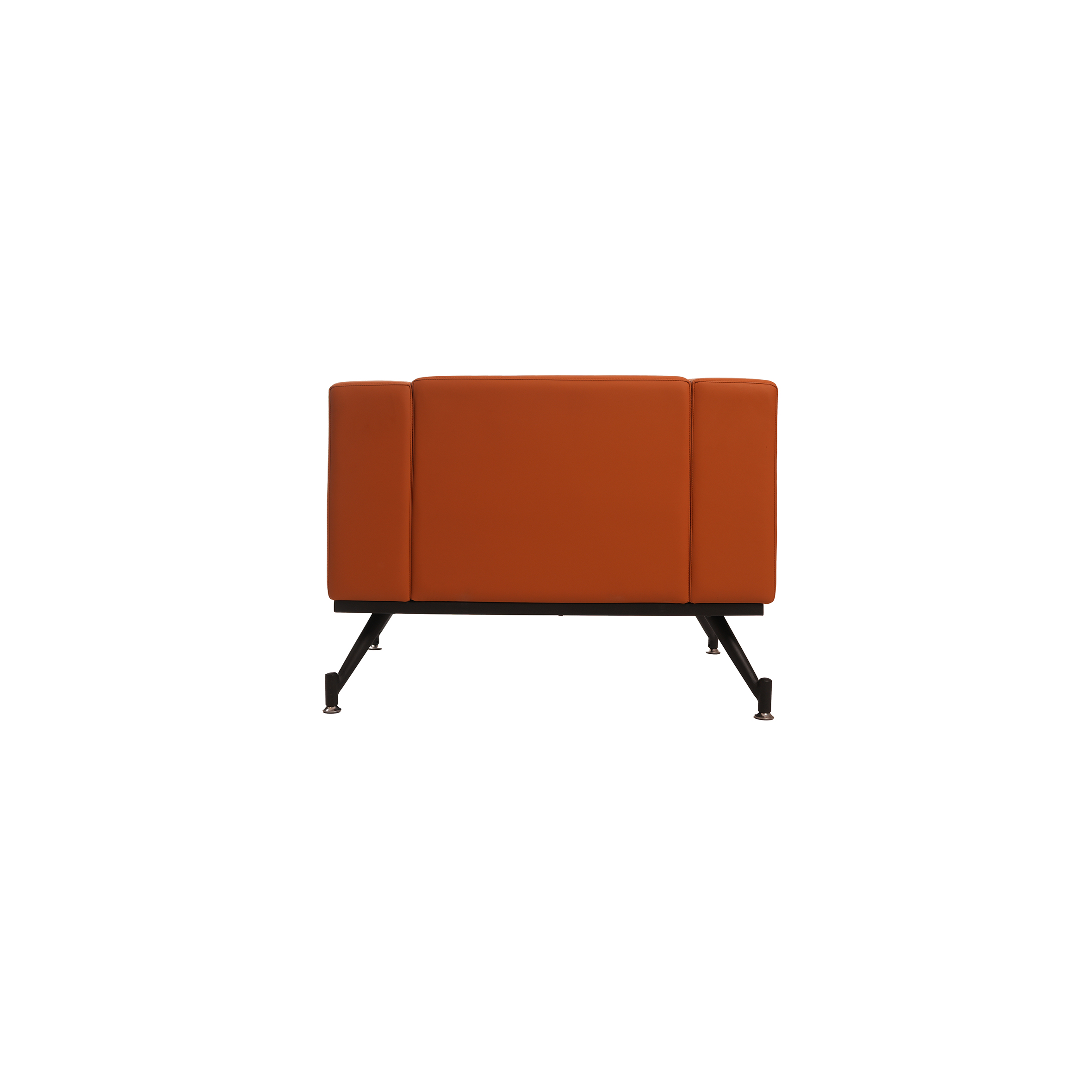 Orange modern armchair with a geometric design, featuring a low backrest and angled legs. The chair has a clean, contemporary look, exuding comfort and style.