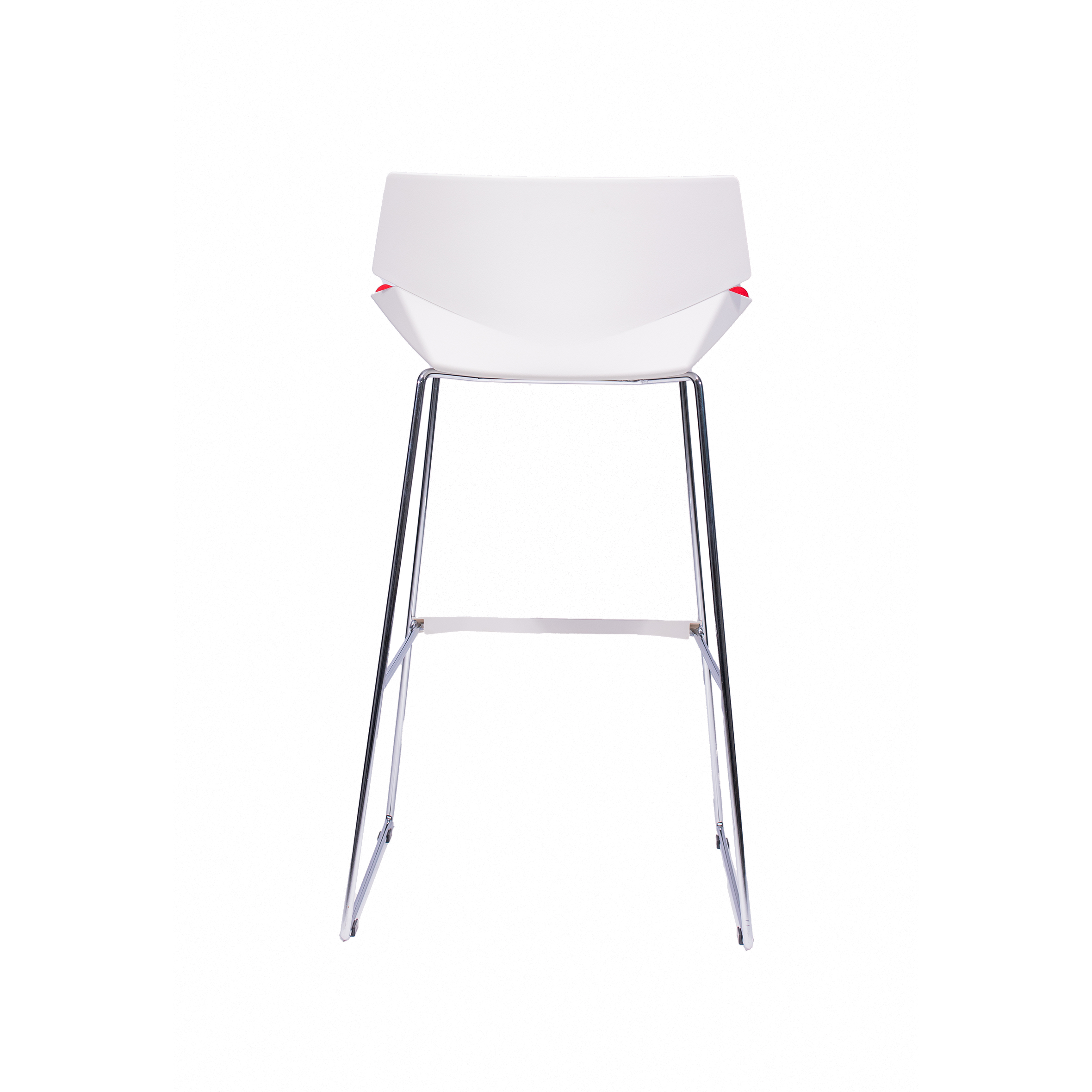 Modern bar stool with a clear backrest, bright red seat, and chrome legs, exuding a sleek and contemporary design on a white background.