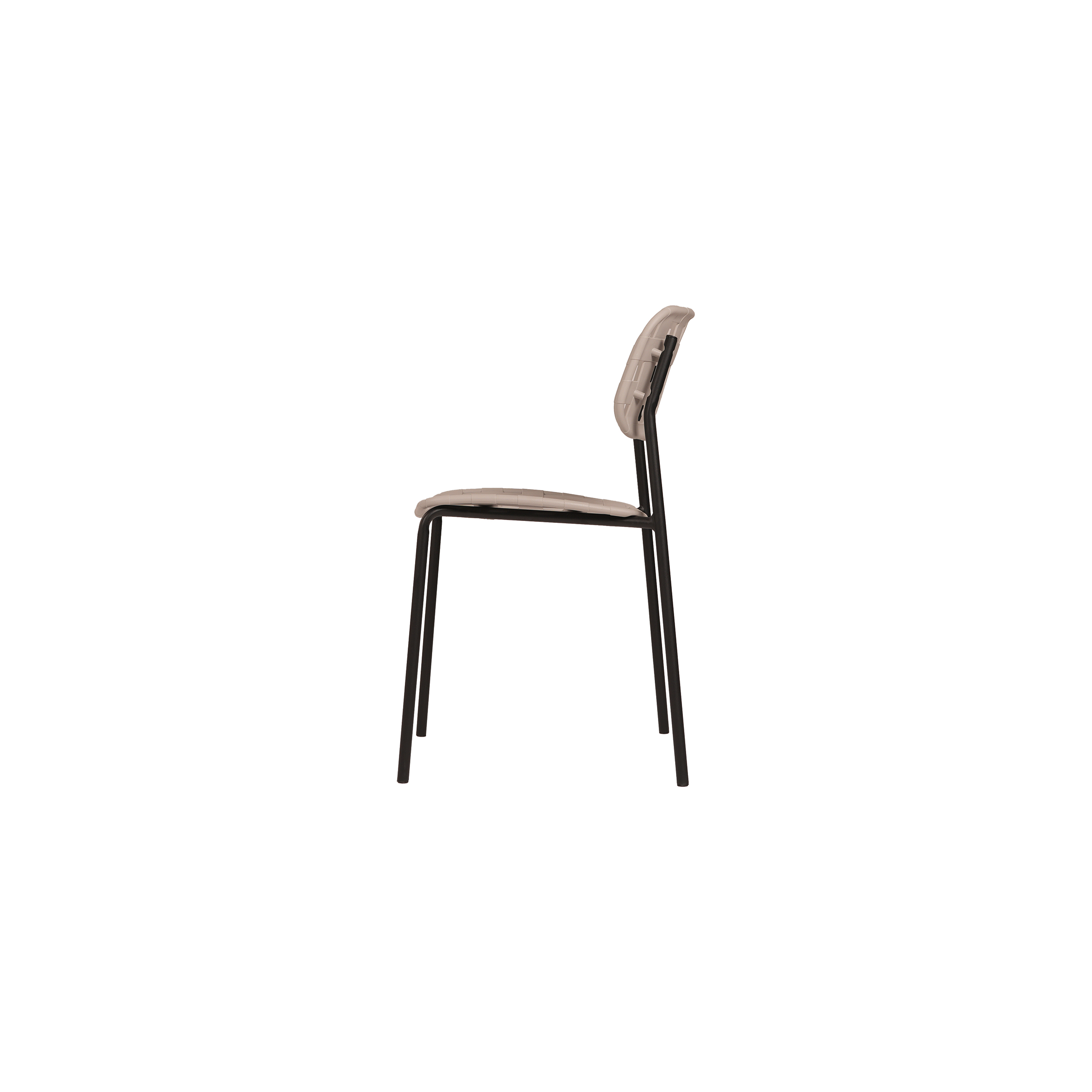 Beige woven leather chair with a black metal frame. The seat and backrest form a checkered pattern, conveying a modern, minimalist design.