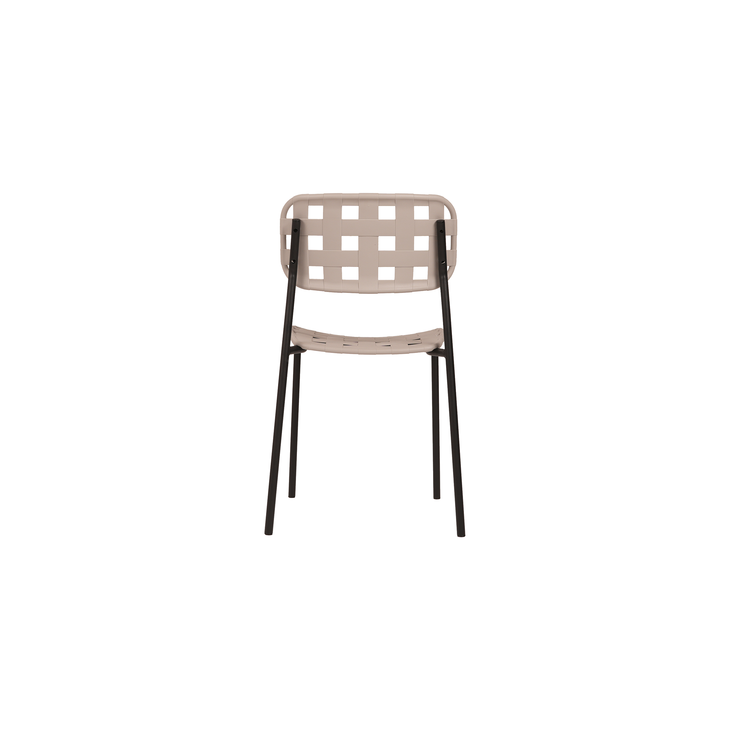 Beige woven leather chair with a black metal frame. The seat and backrest form a checkered pattern, conveying a modern, minimalist design.