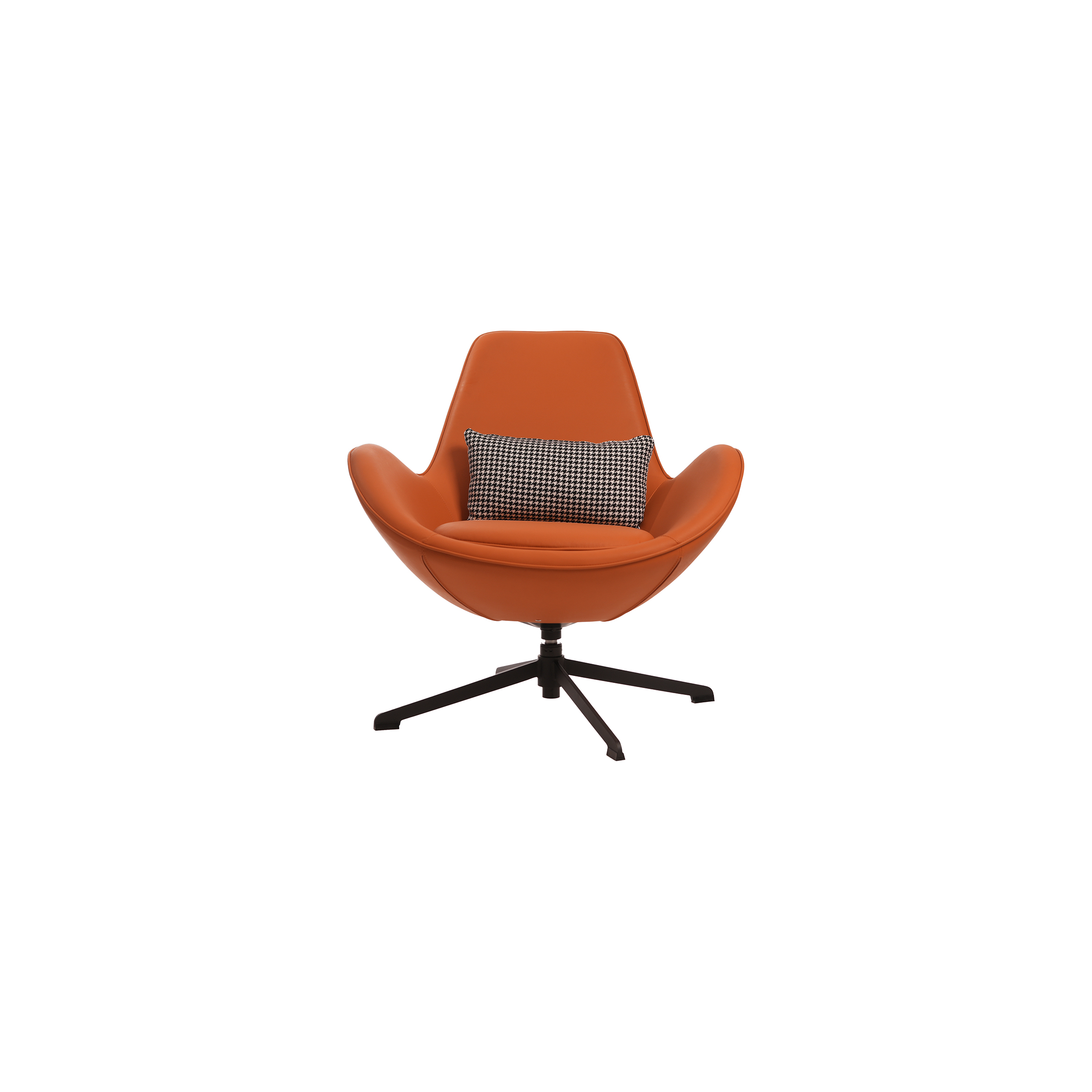 A modern orange swivel chair with wide armrests and a houndstooth-patterned cushion. The chair sits on a black metal base, conveying a sleek, stylish look.