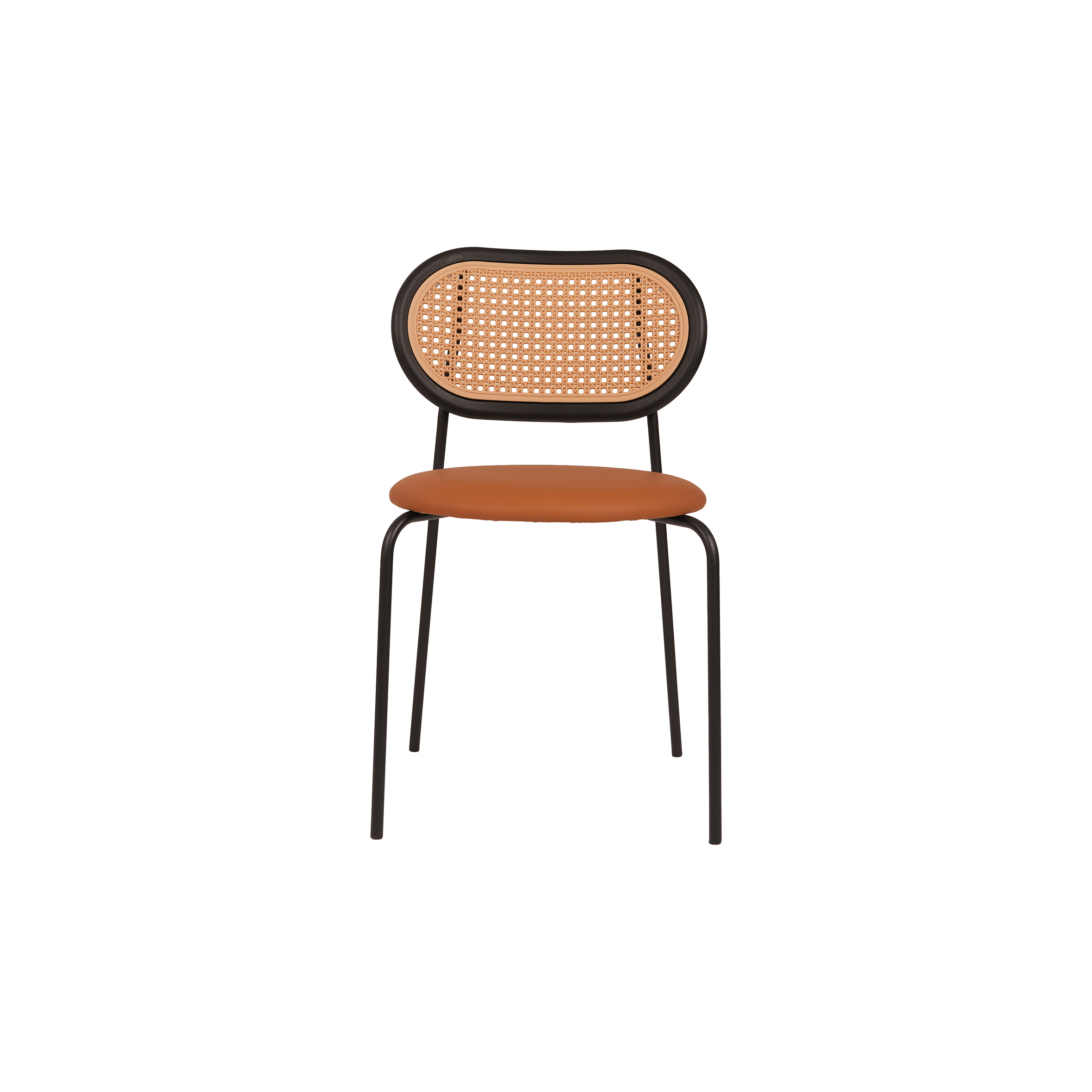 A stylish chair with an oval rattan backrest and a cushioned brown seat. It has sleek black metal legs, conveying a modern and minimalist design.