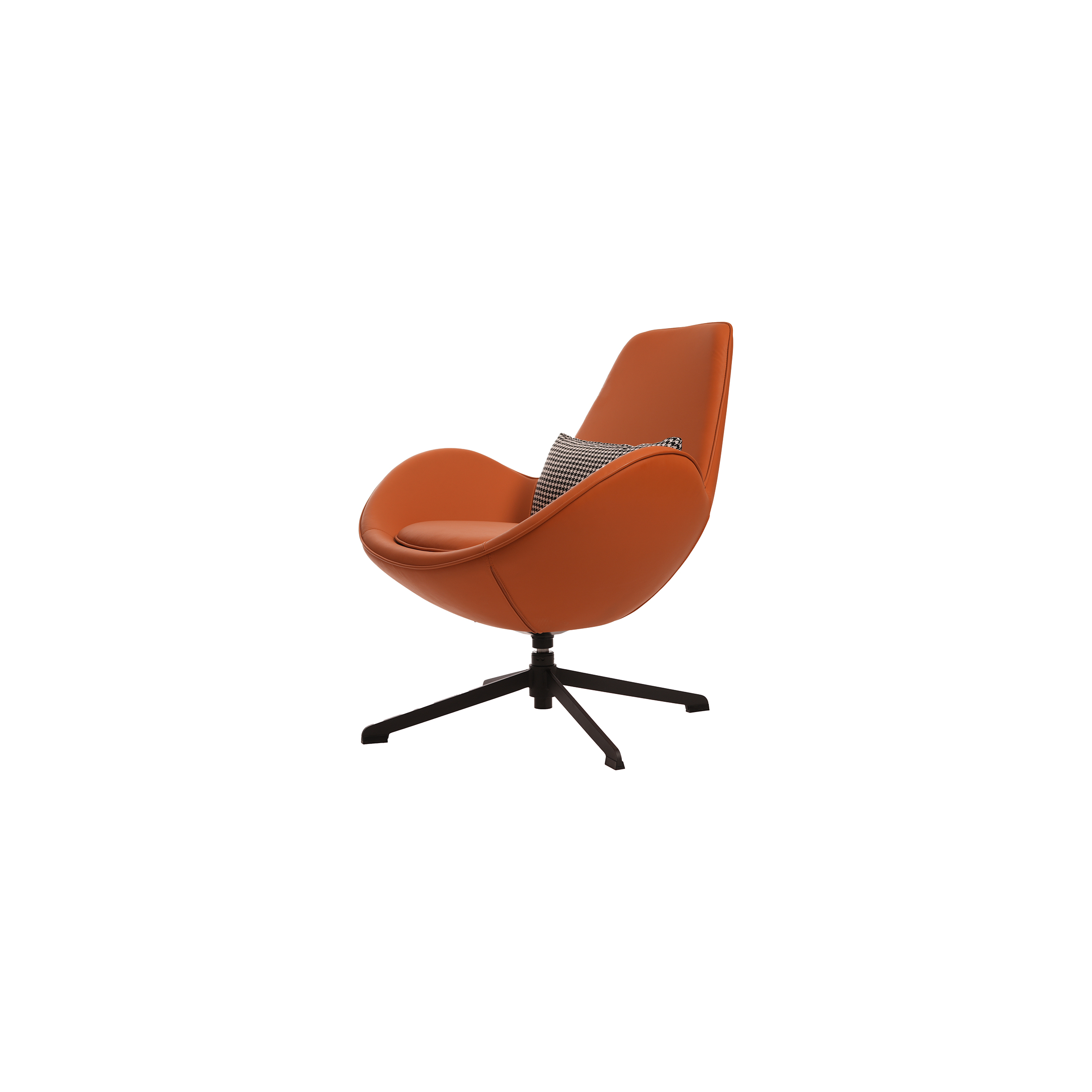 A modern orange swivel chair with wide armrests and a houndstooth-patterned cushion. The chair sits on a black metal base, conveying a sleek, stylish look.